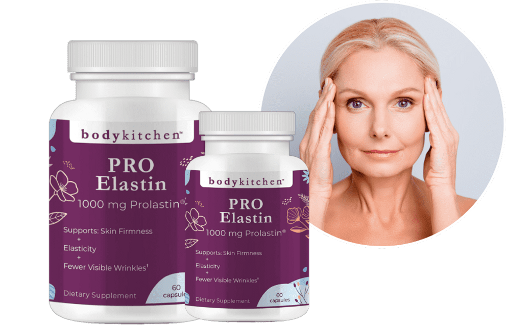 Woman touching her face beside bottles of Body Kitchen Pro-Elastin