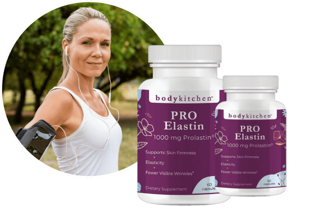Woman in workout clothes beside bottles of Body Kitchen Pro-Elastin