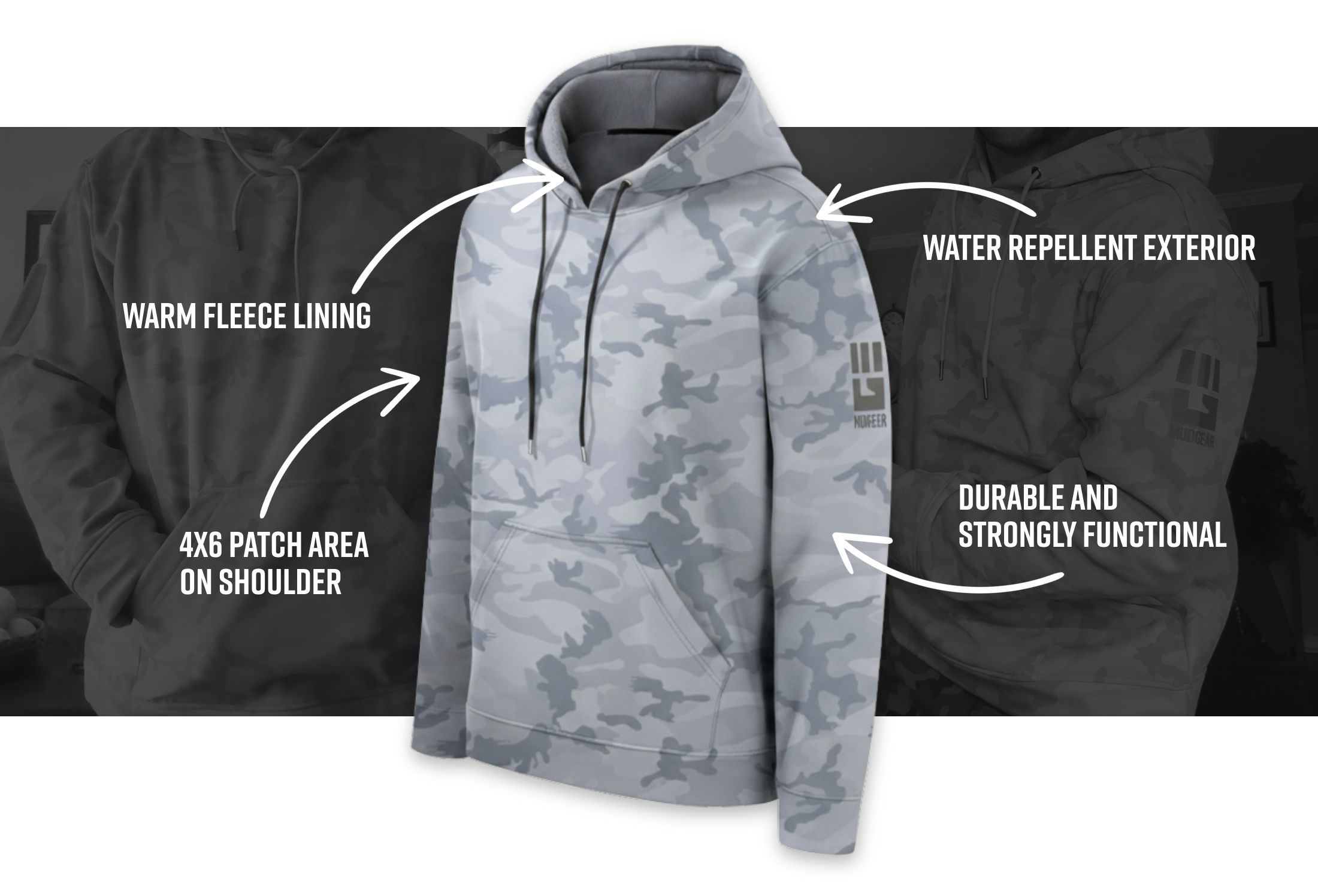 Infographic of MudGear All-Weather Warrior Hoodie - Light Gray Camo