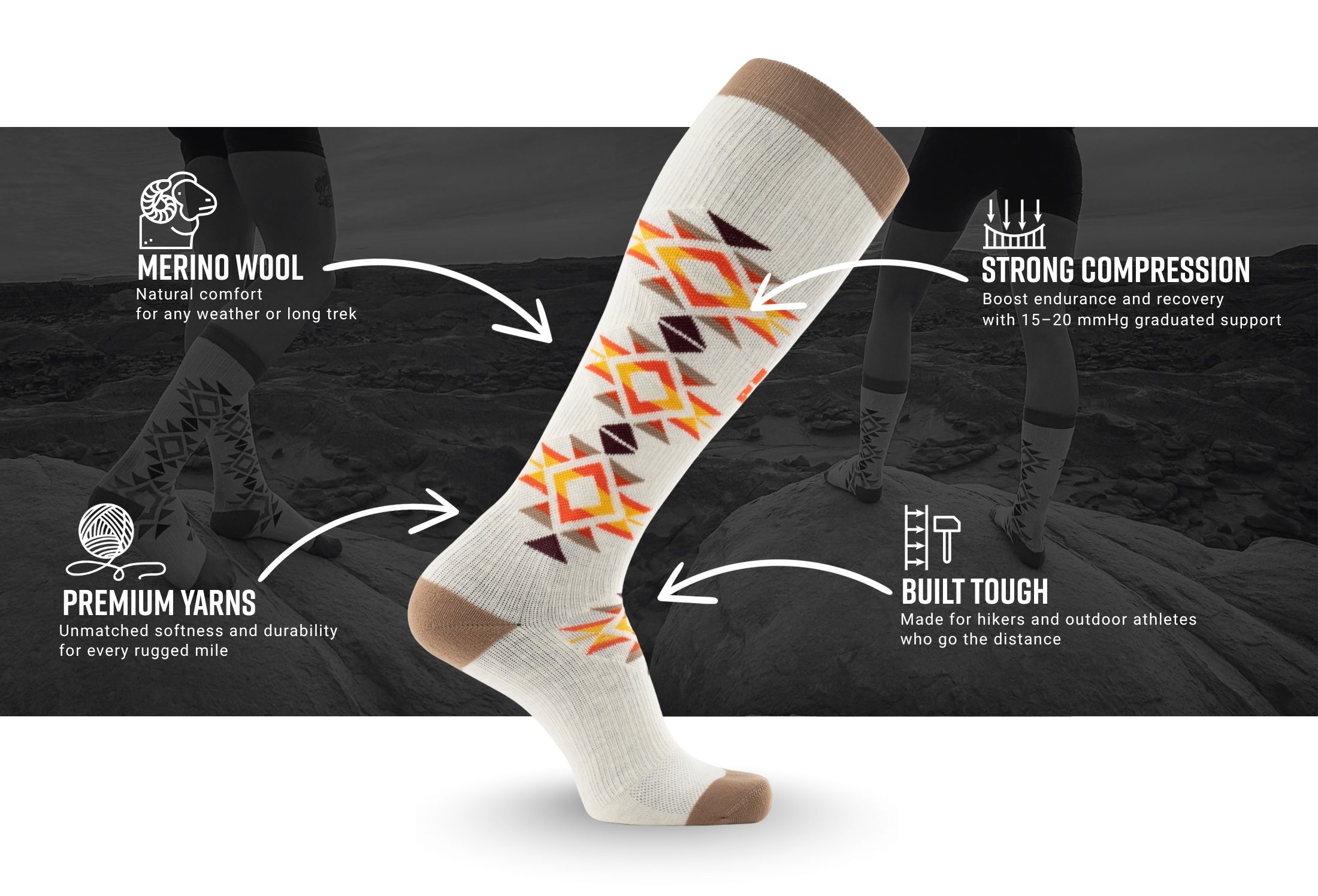 Infographic of MudGear Mesa Horizon Tall Compression Socks - Tan/Brown (1 Pair)