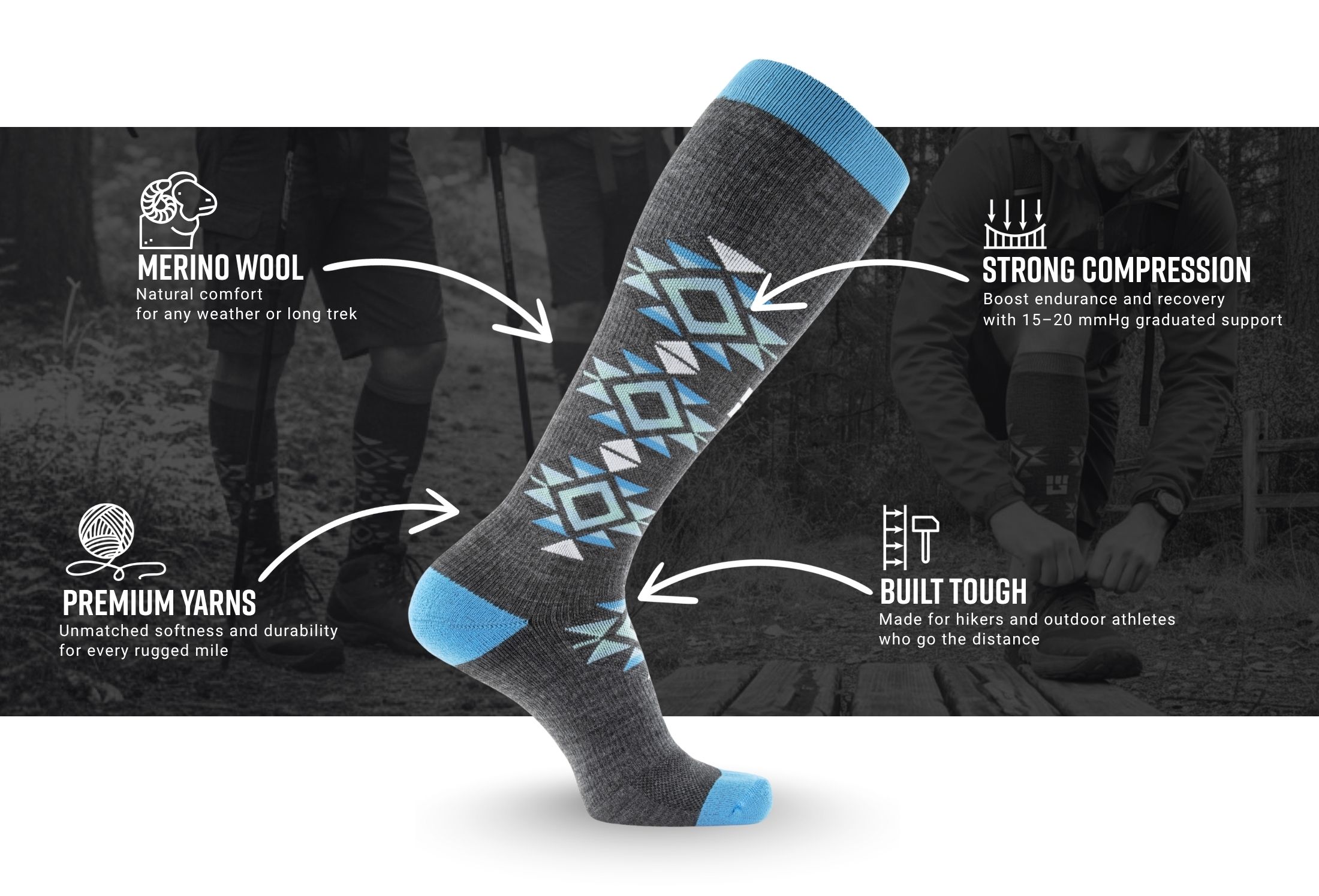 Infographic of MudGear Mesa Horizon Tall Compression Socks - Gray/Blue (1 Pair)