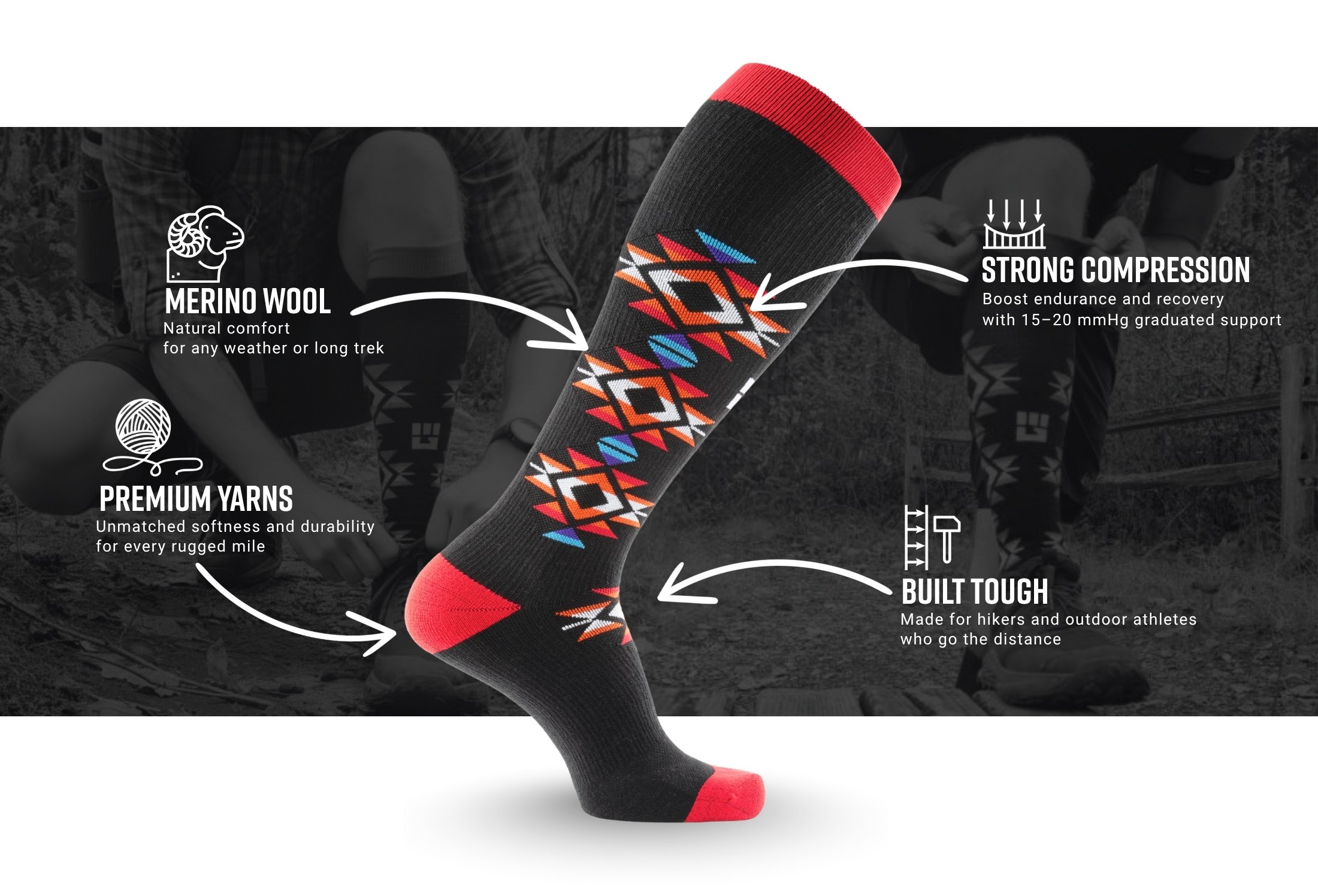 Infographic of MudGear Mesa Horizon Tall Compression Socks - Black/Red (1 Pair)