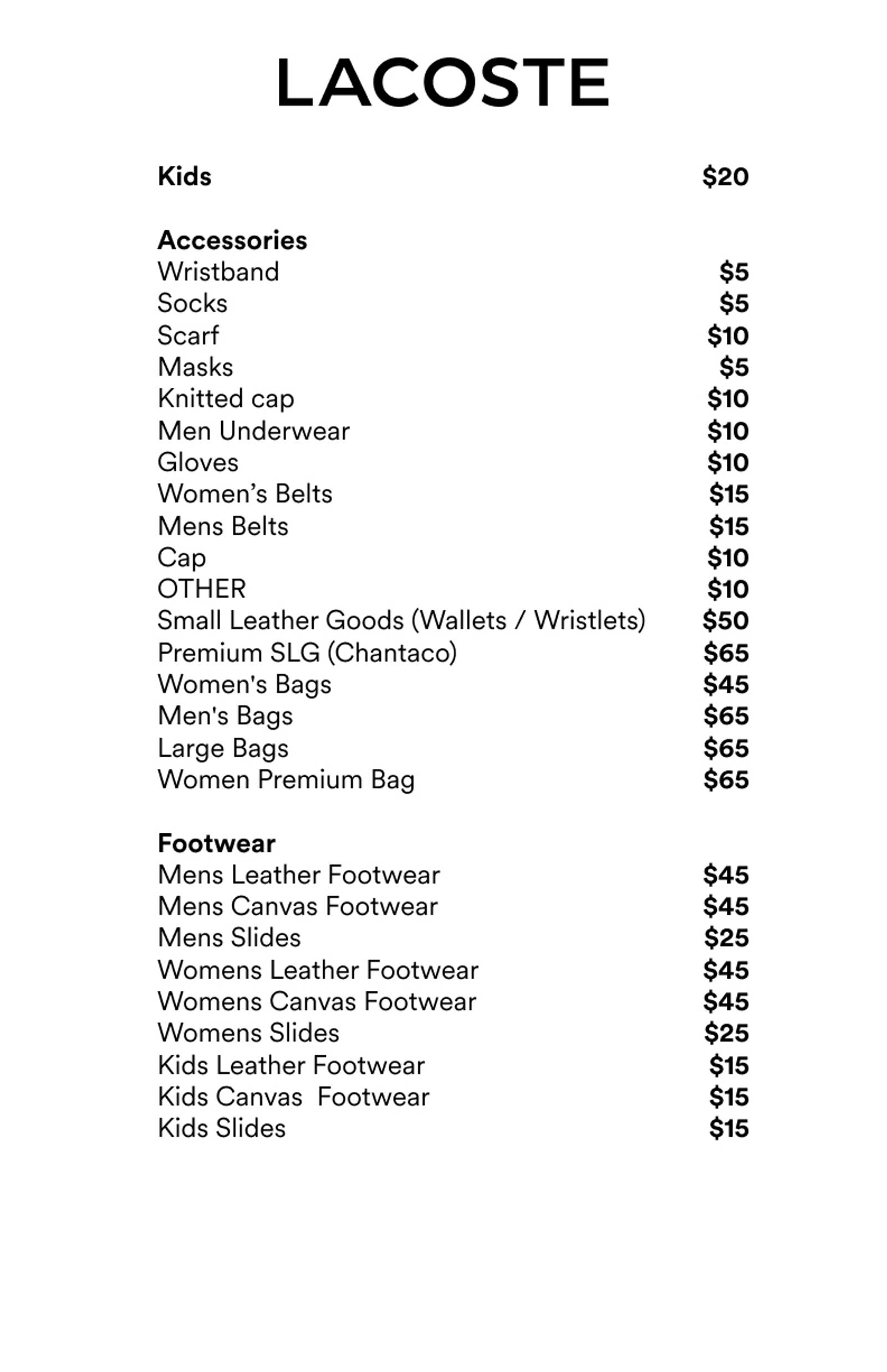 Price list