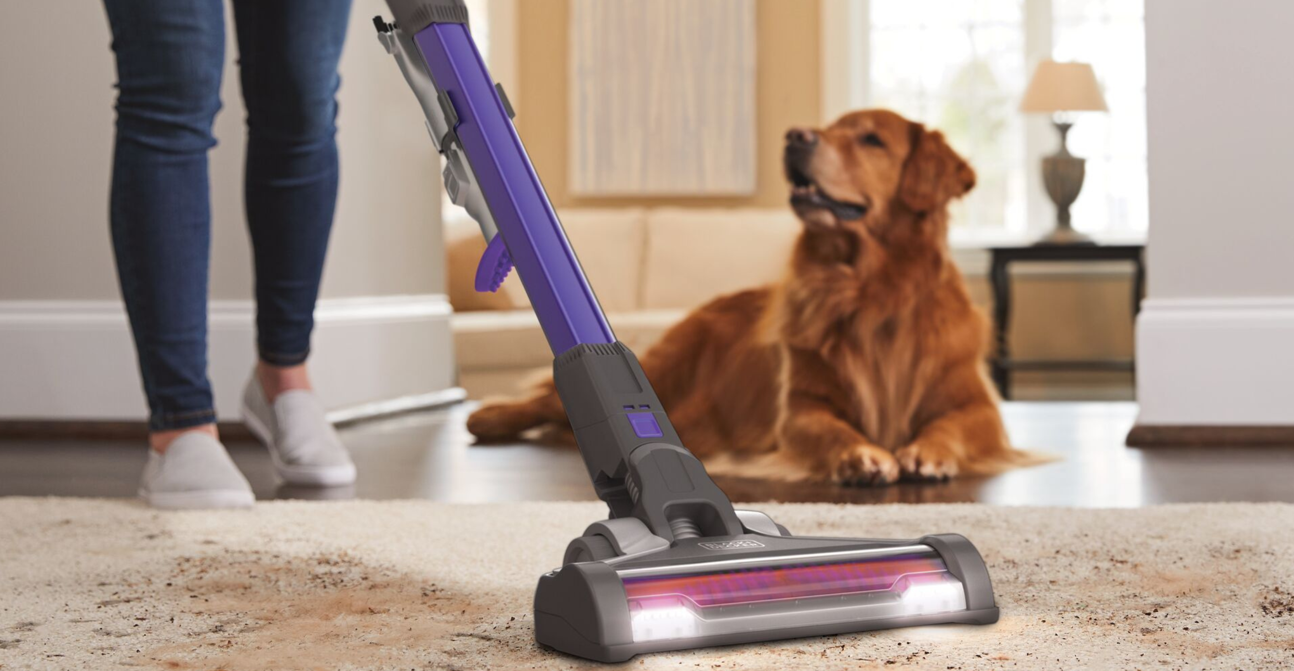 POWERSERIES Extreme Pet Cordless Stick Vacuum Cleaner being used to pick up dog mess from floor rug.
