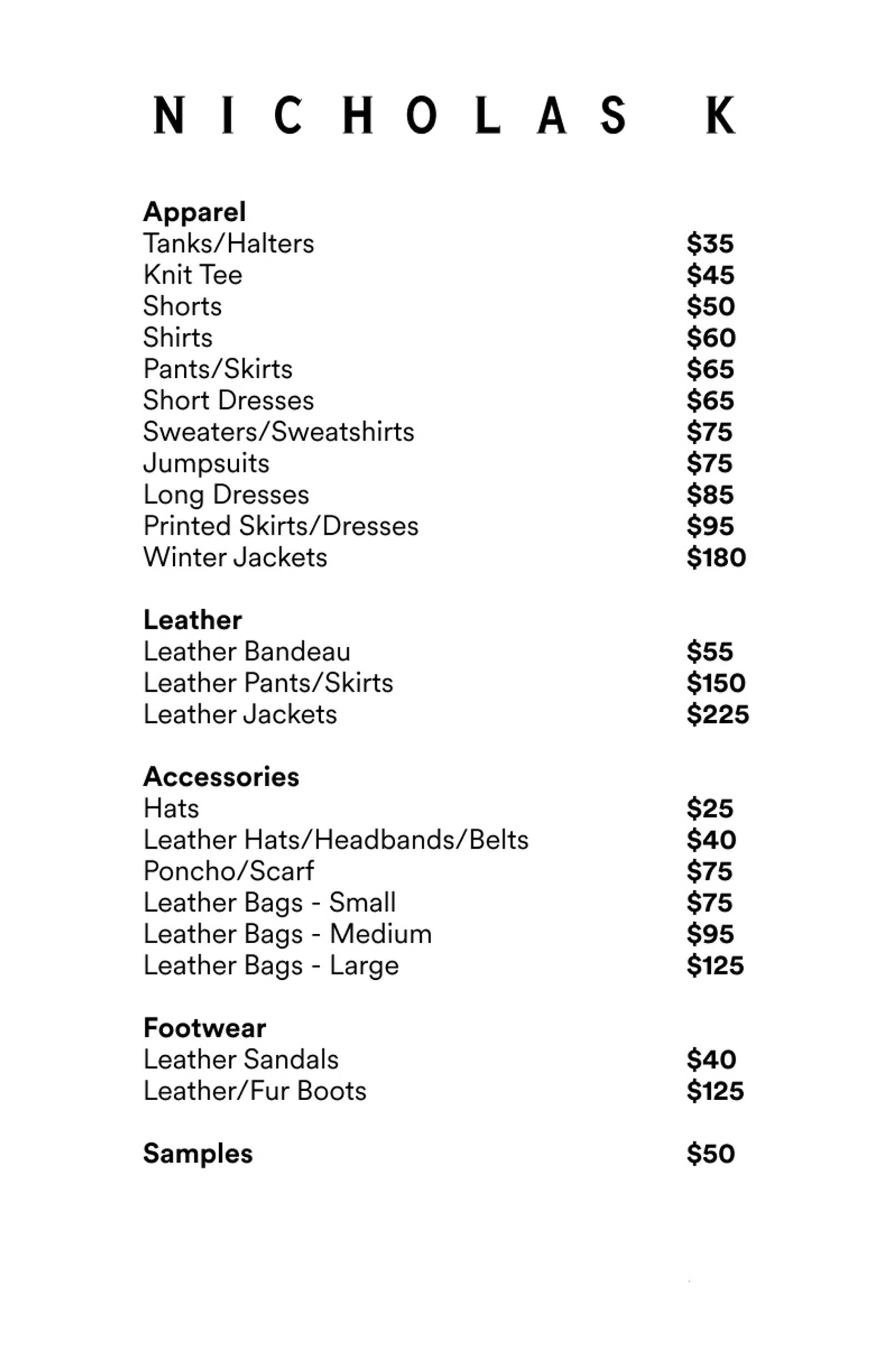 Price list