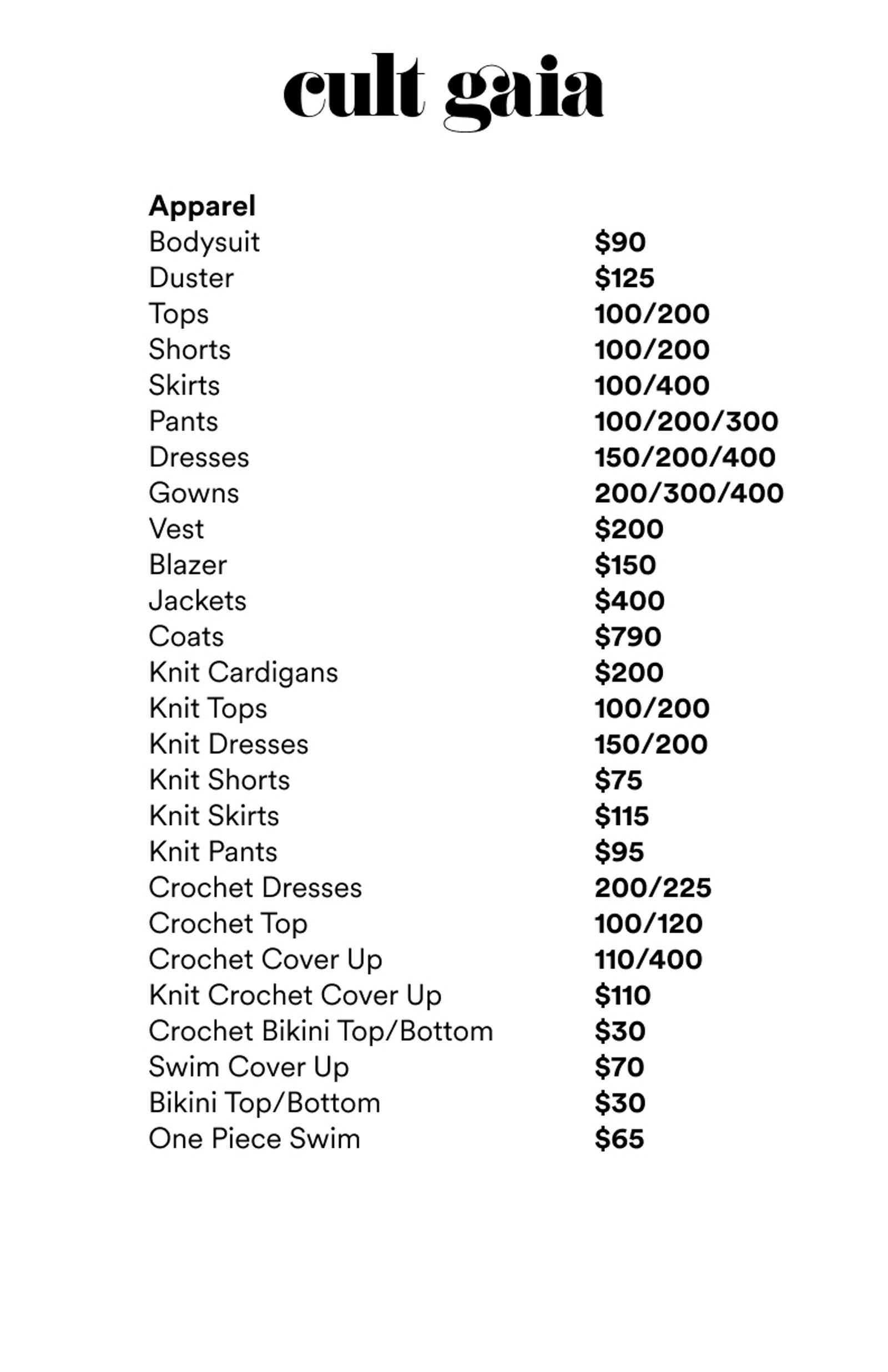 Price list