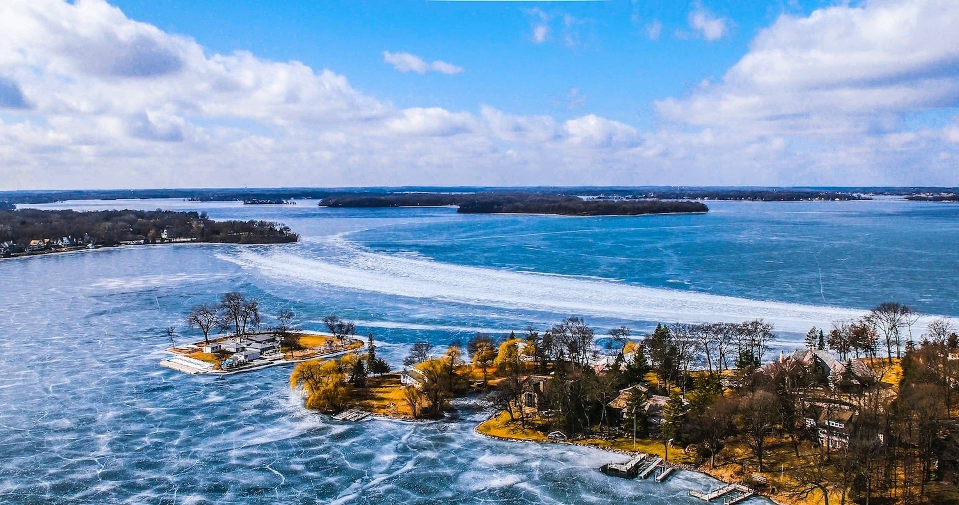 Aerial view of frozen Lake Minnetonka to represent where to buy e-bikes in Minnesota