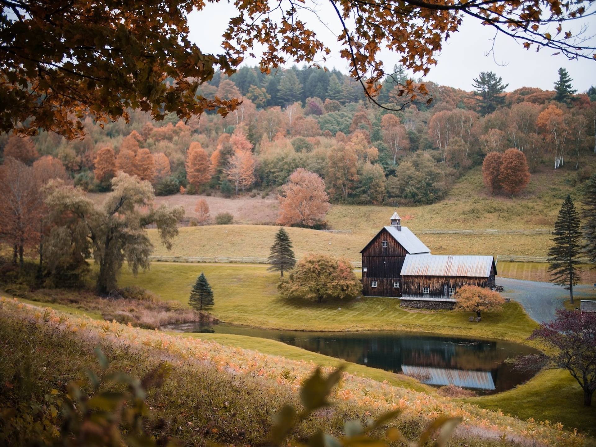 An old farmhouse with a pond surrounded by hills with fall foliage to represent where to buy e-bikes in Vermont