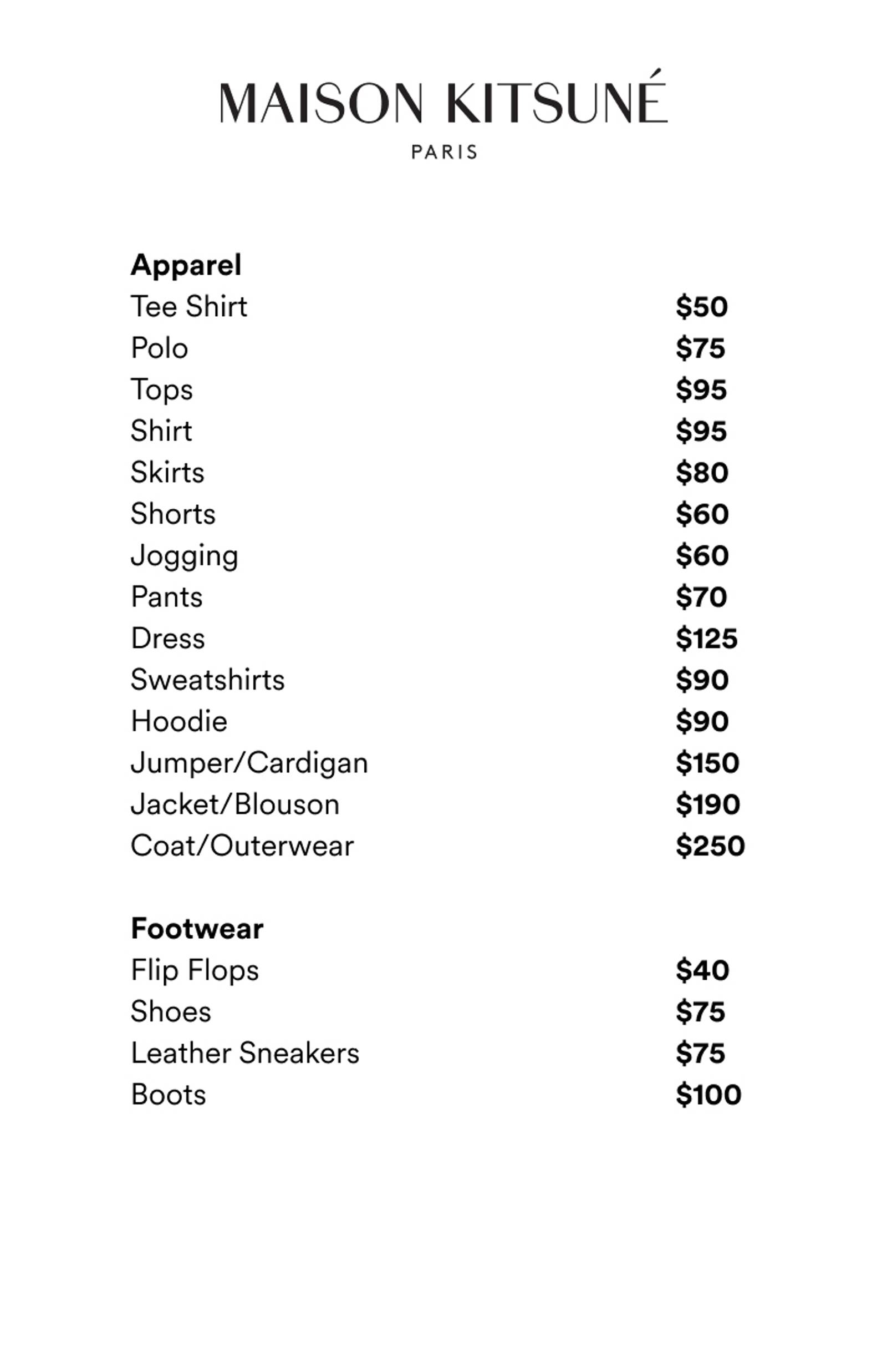 Price list