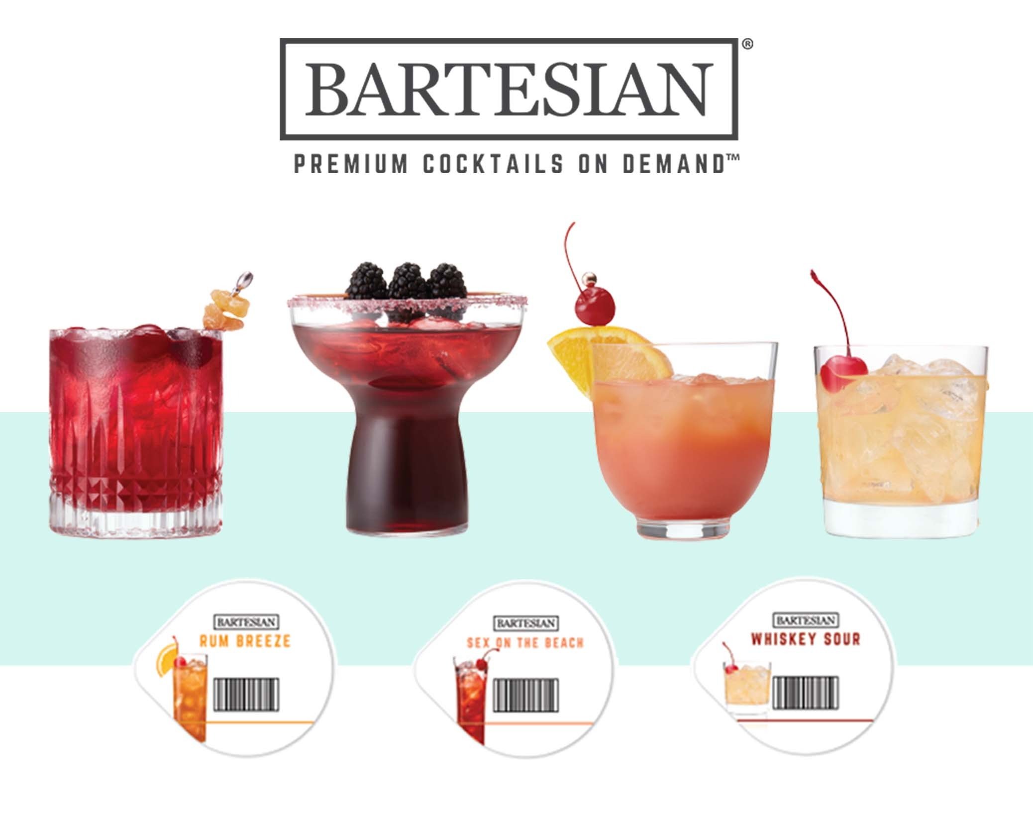 4 cocktails lined up above 3 Bartesian cocktail mix capsules