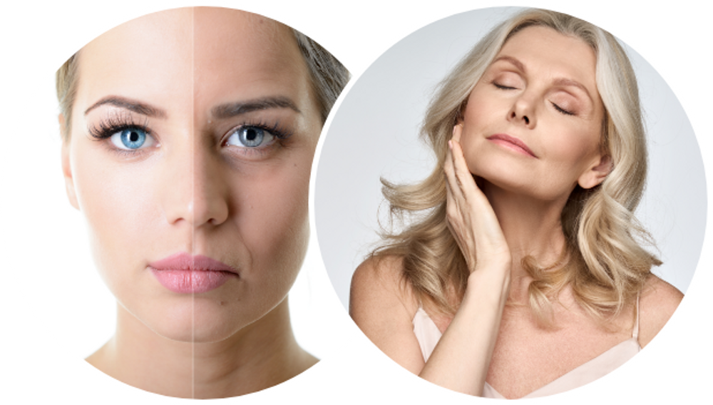 A woman's face split down the middle, showing smooth youthful skin on one side and lined, aging skin on the other