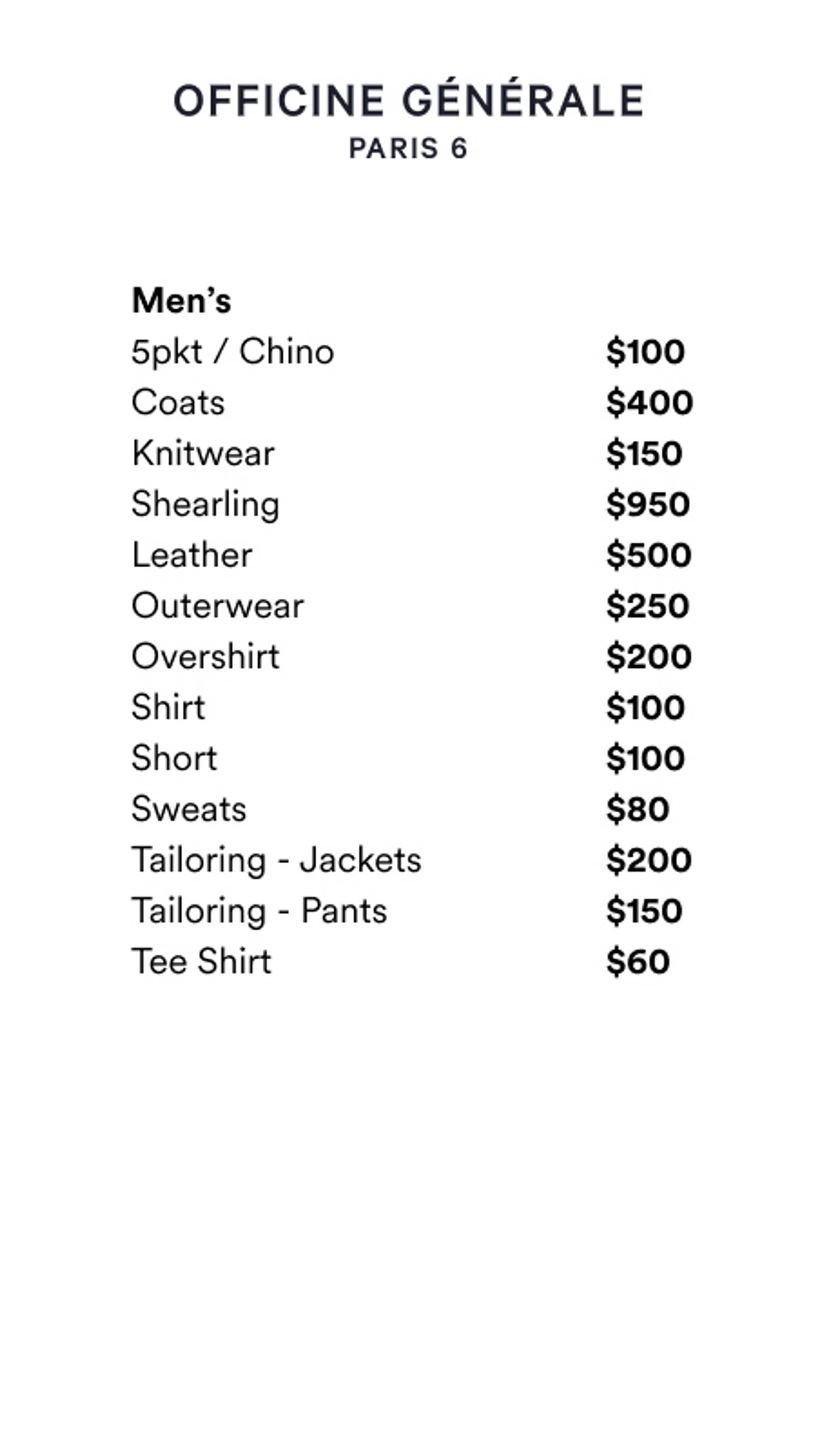 Price list