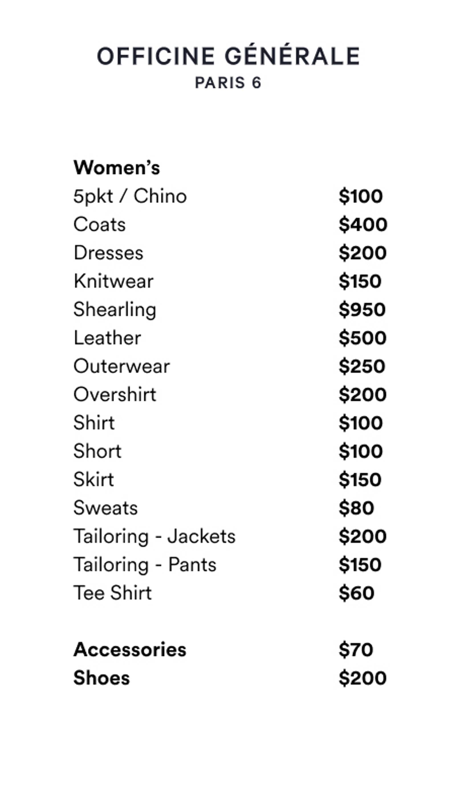 Price list