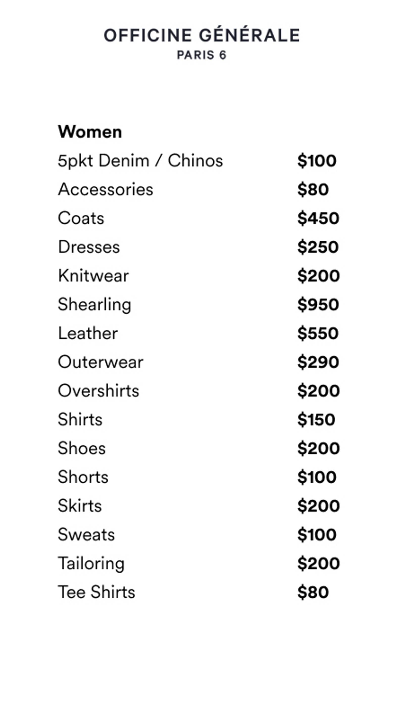 Price list