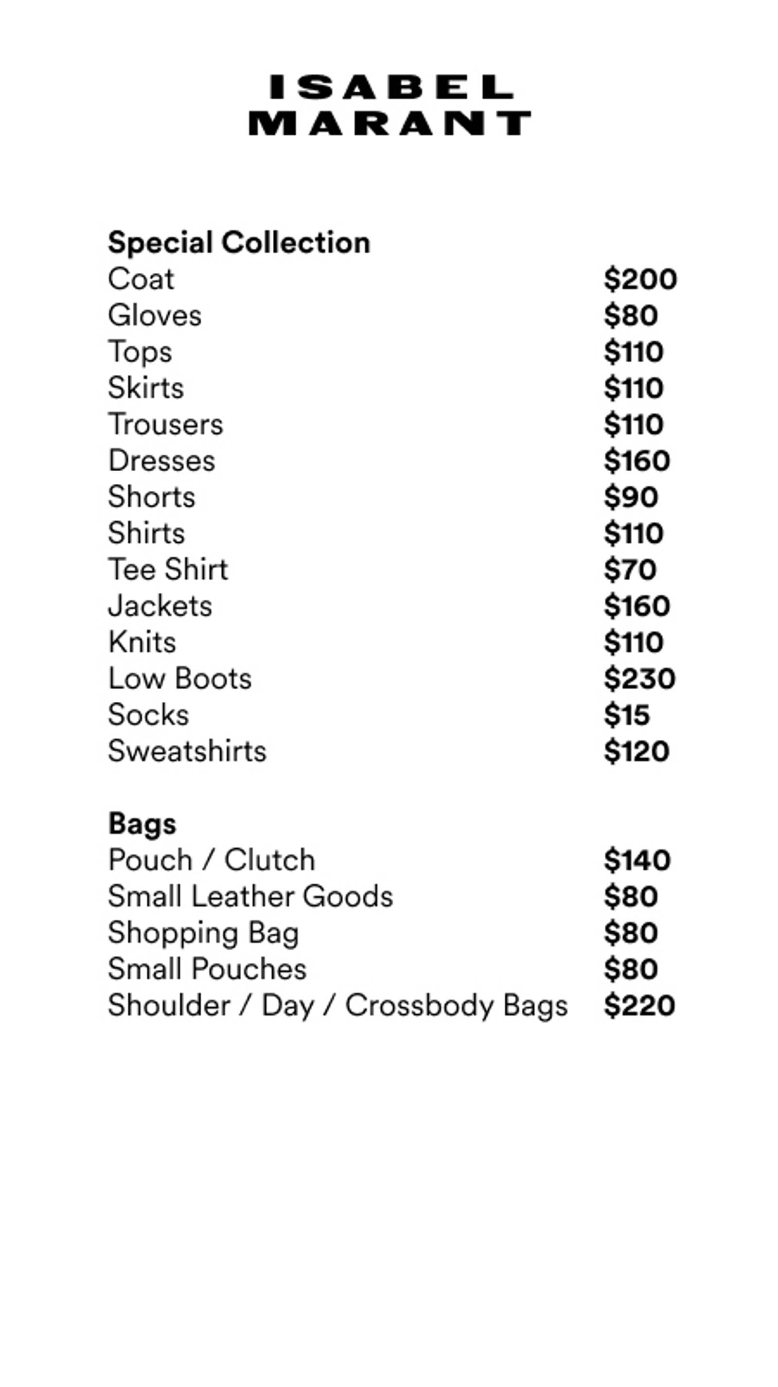 Price list