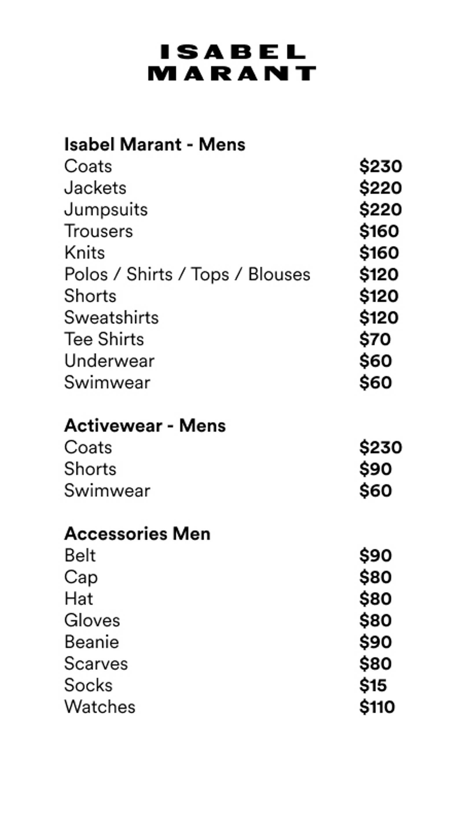 Price list