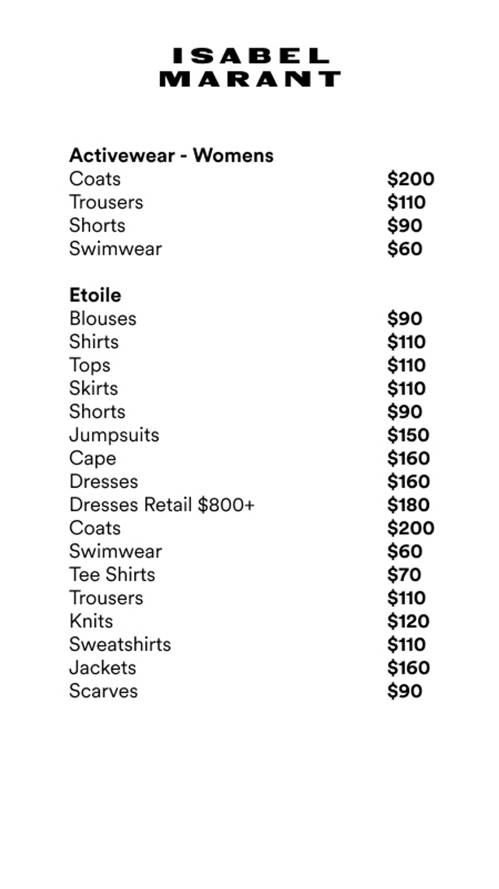 Price list