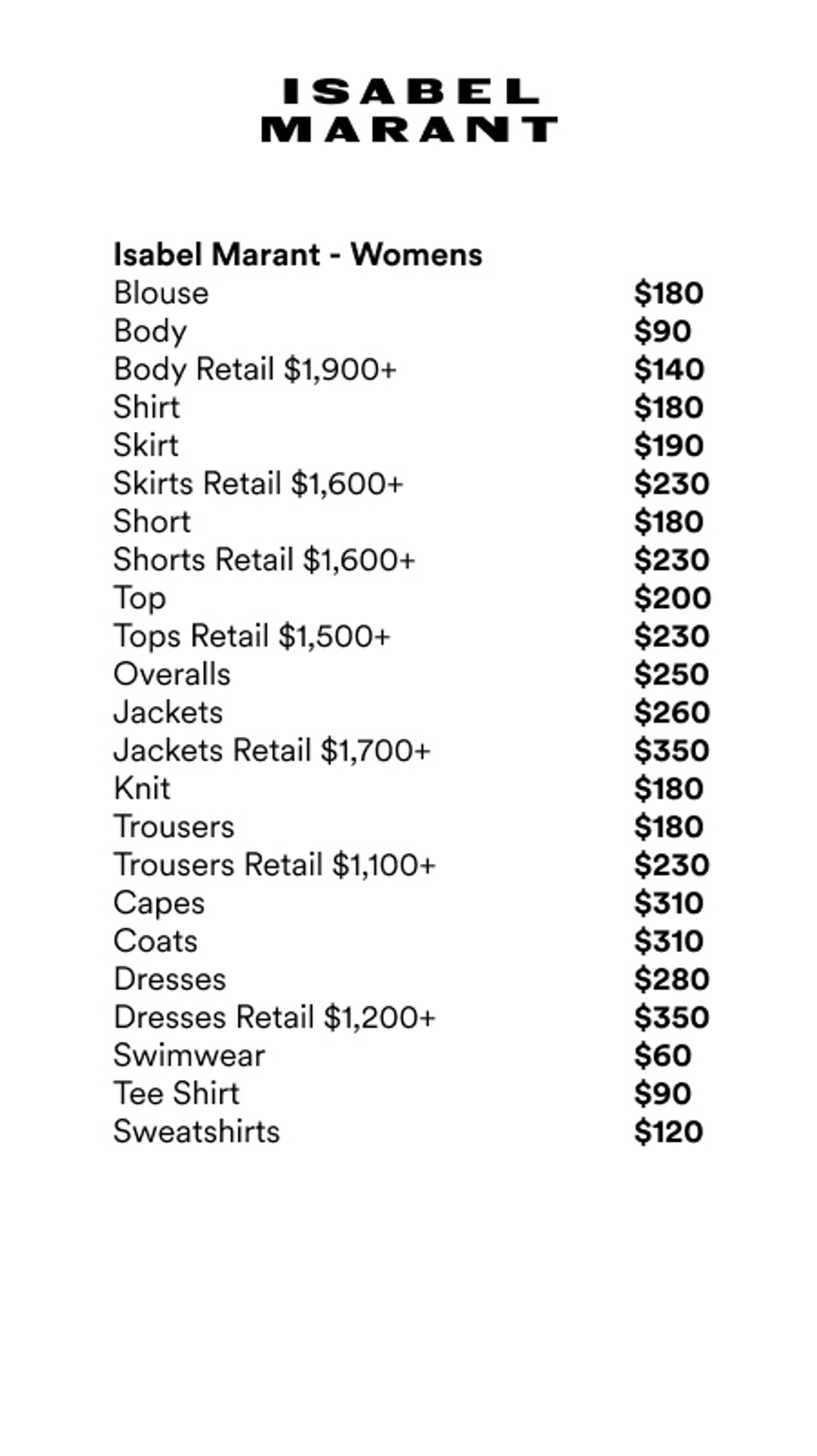 Price list