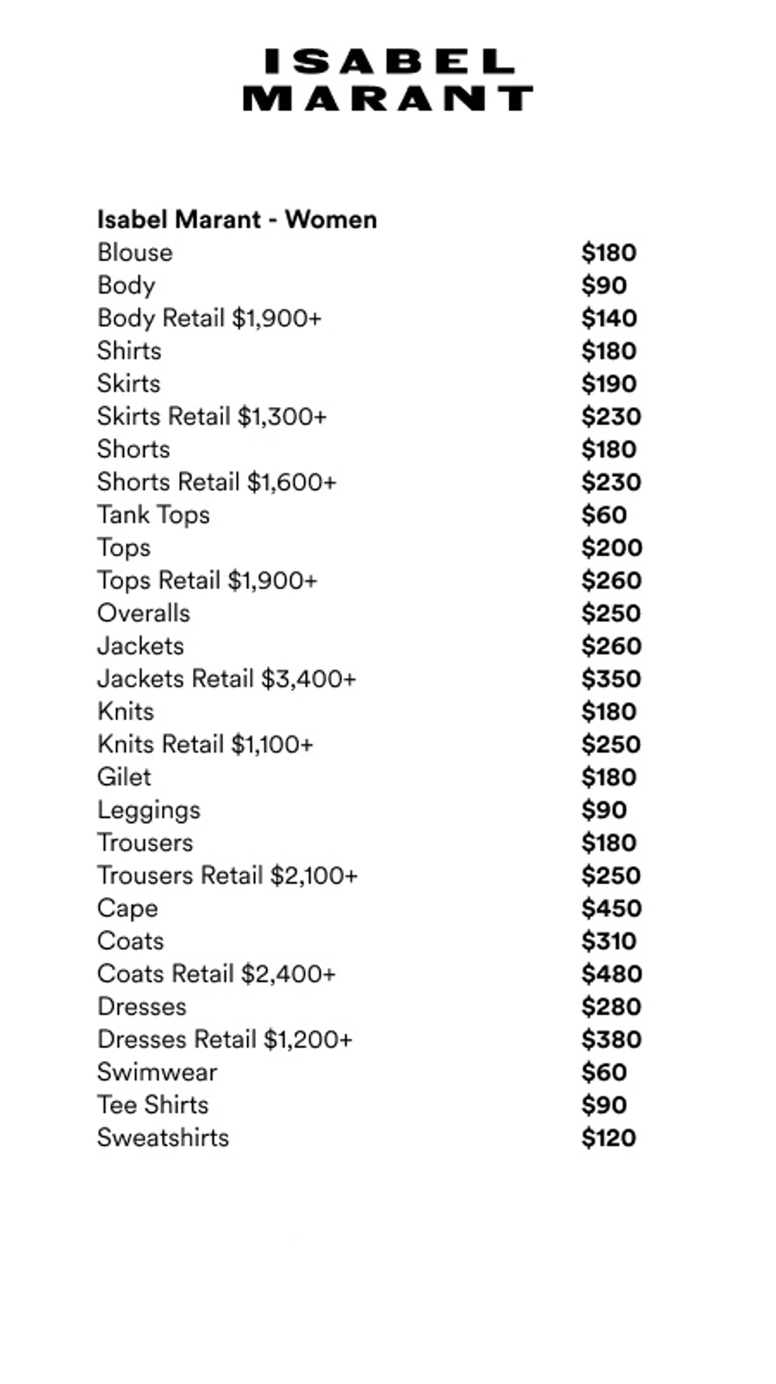 Price list