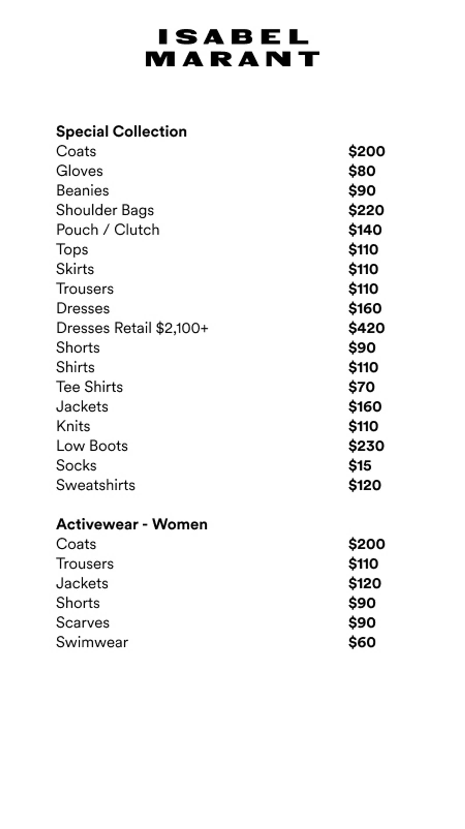 Price list