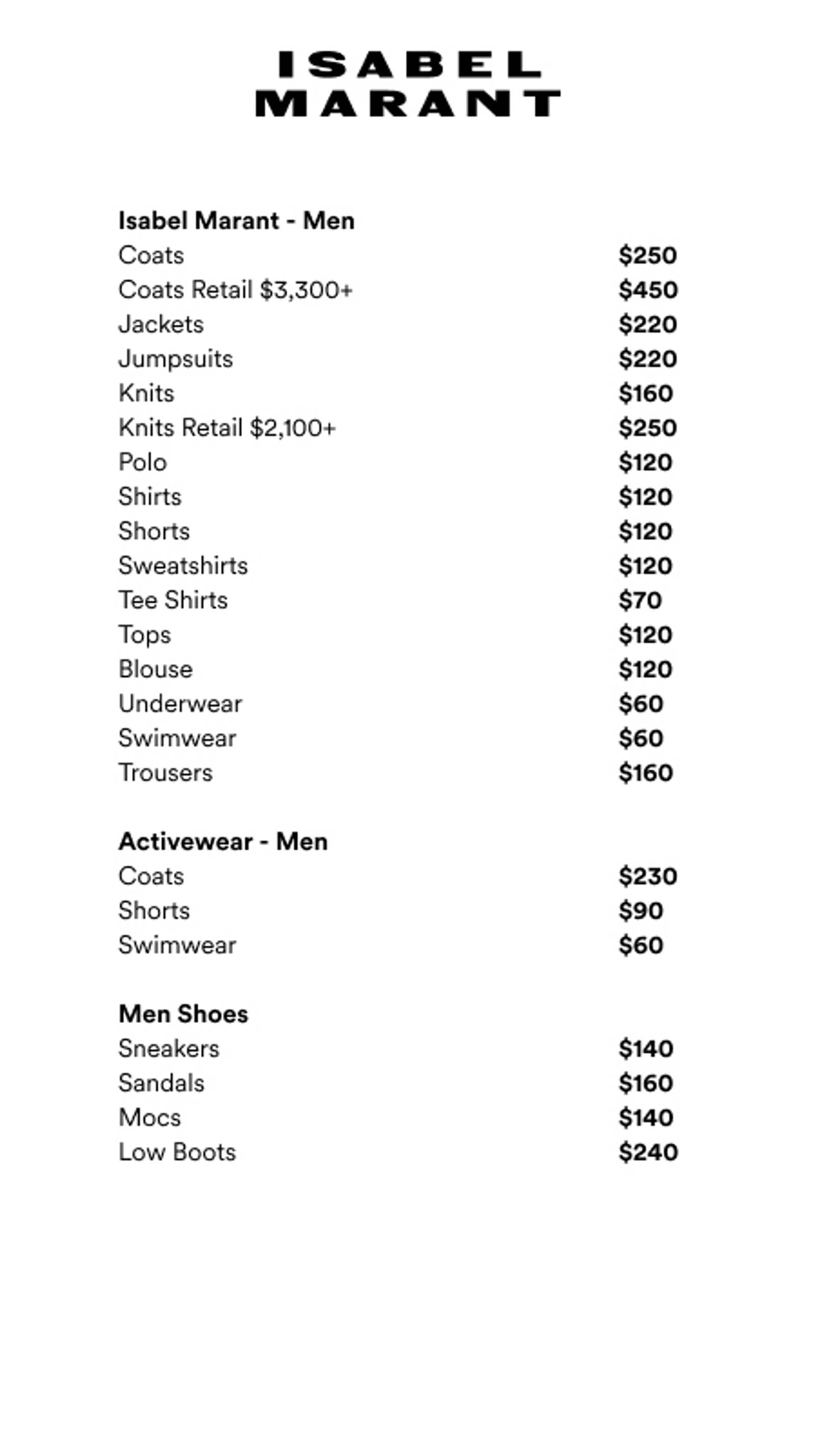 Price list