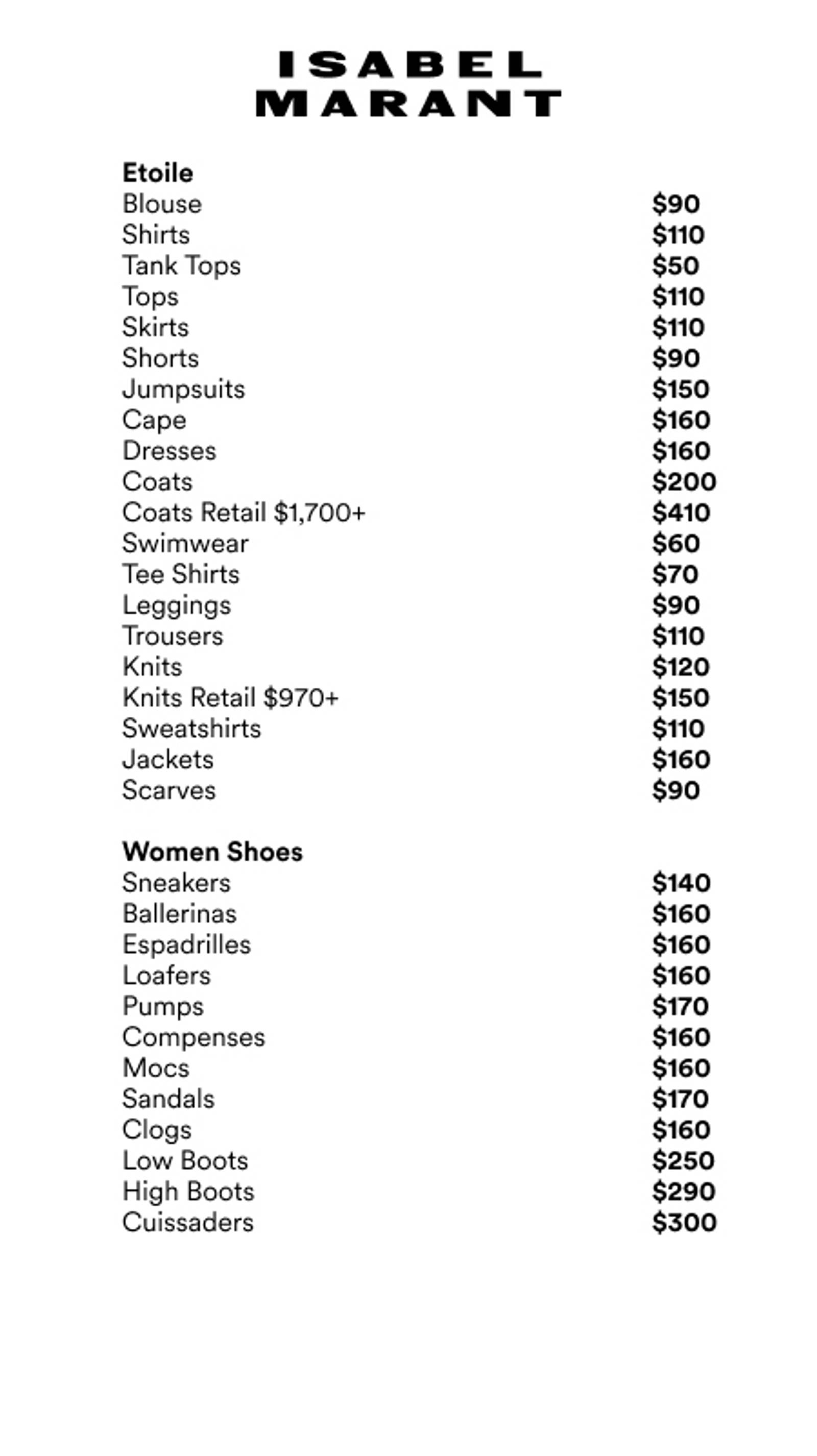 Price list