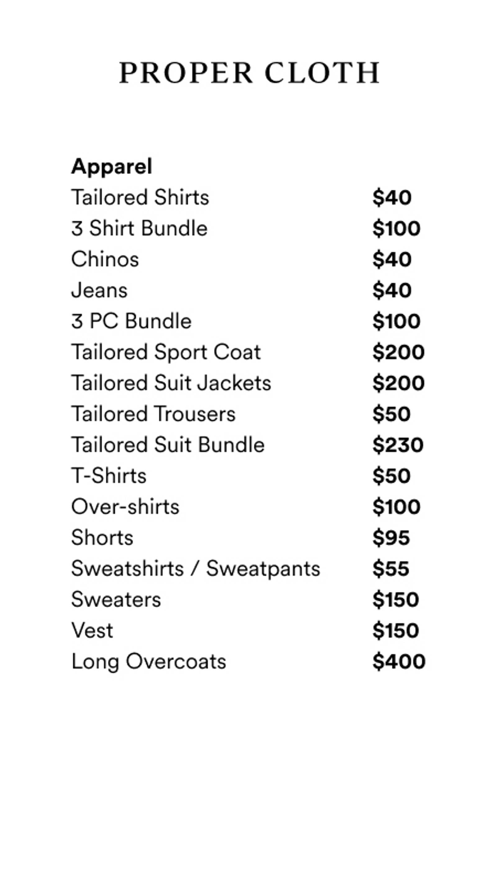 Price list