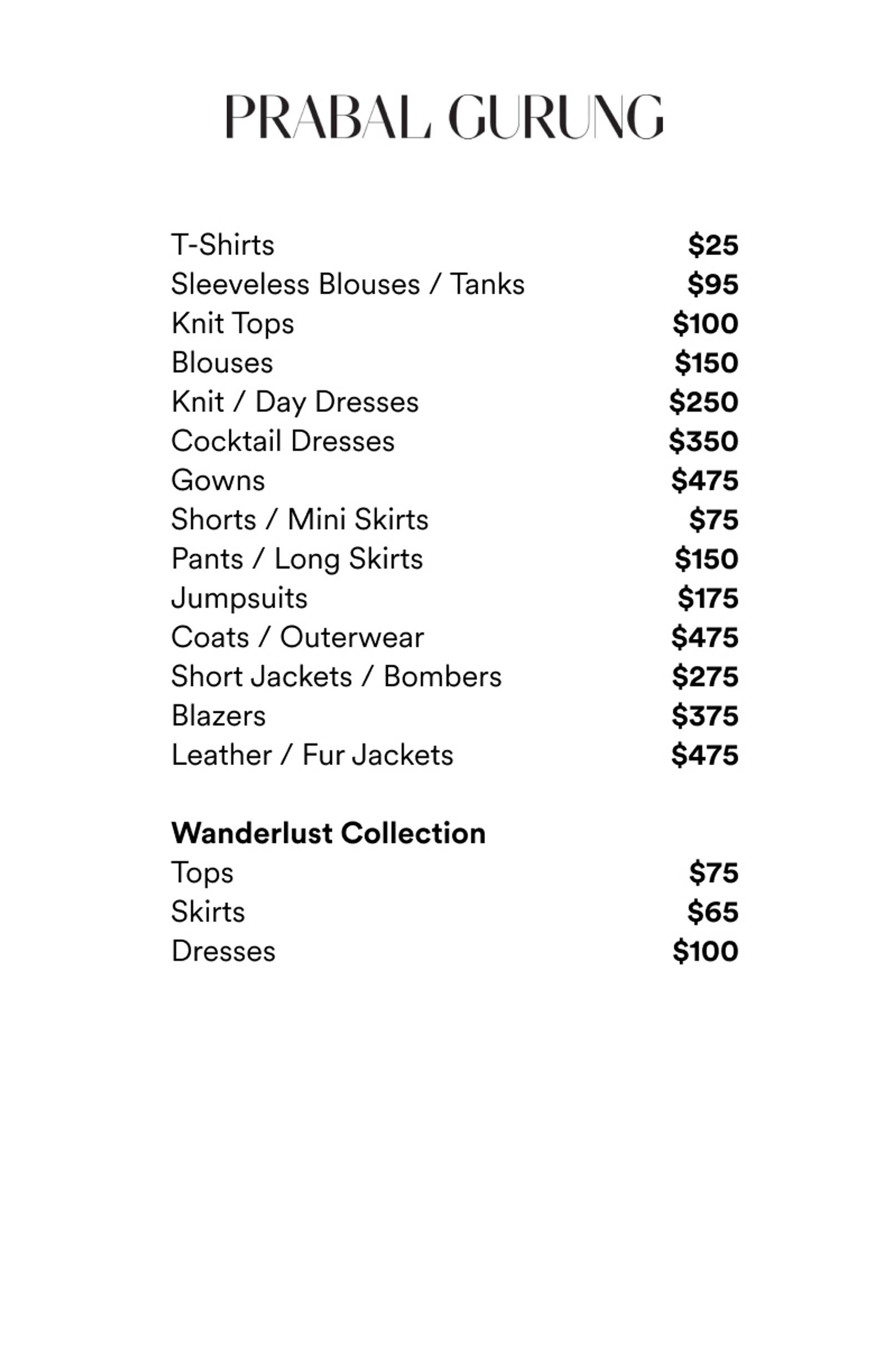 Price list