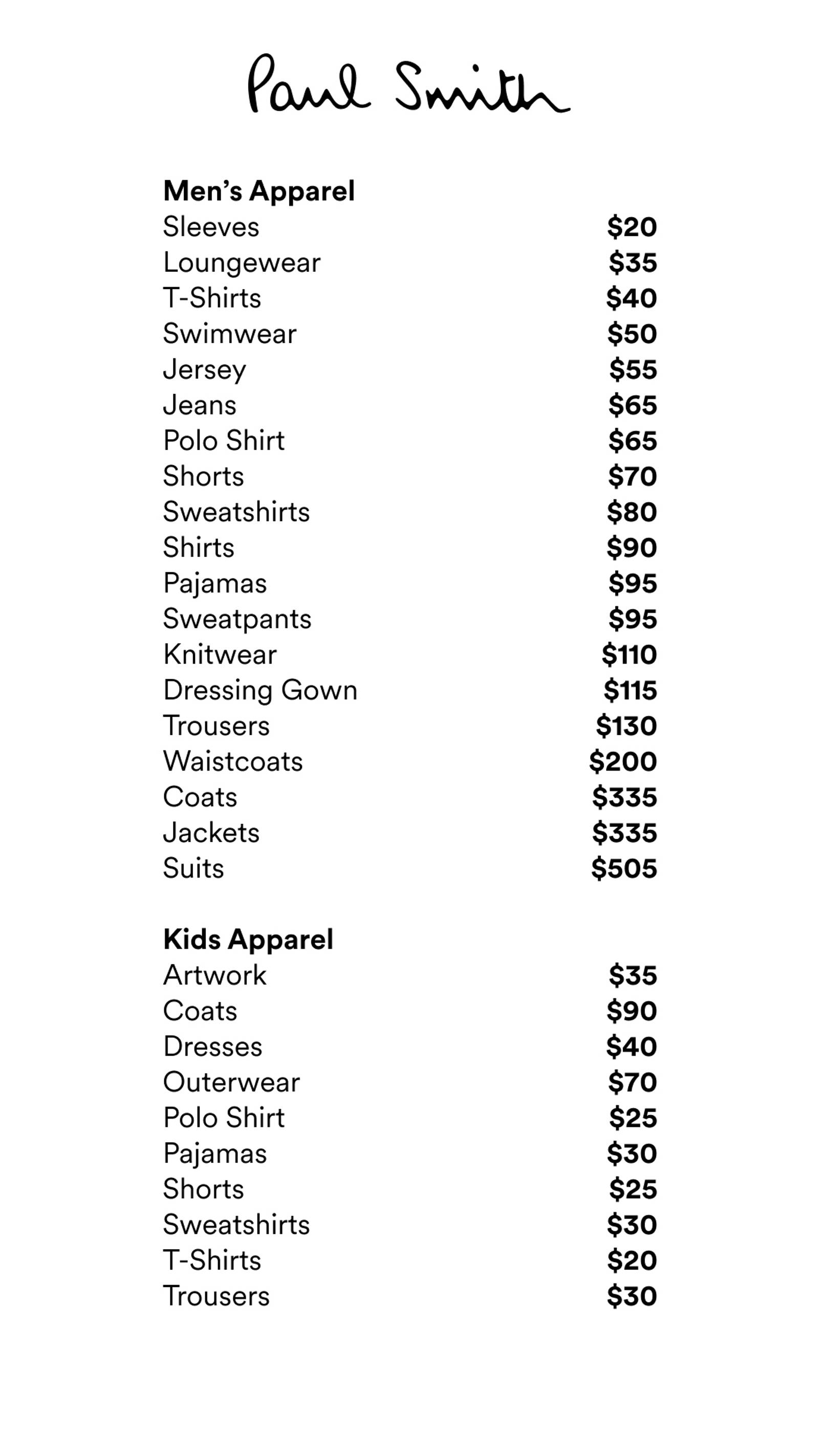 Price list