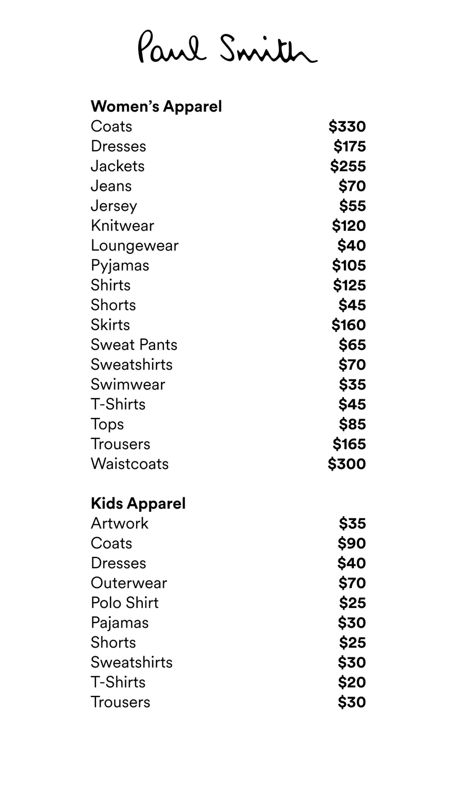 Price list