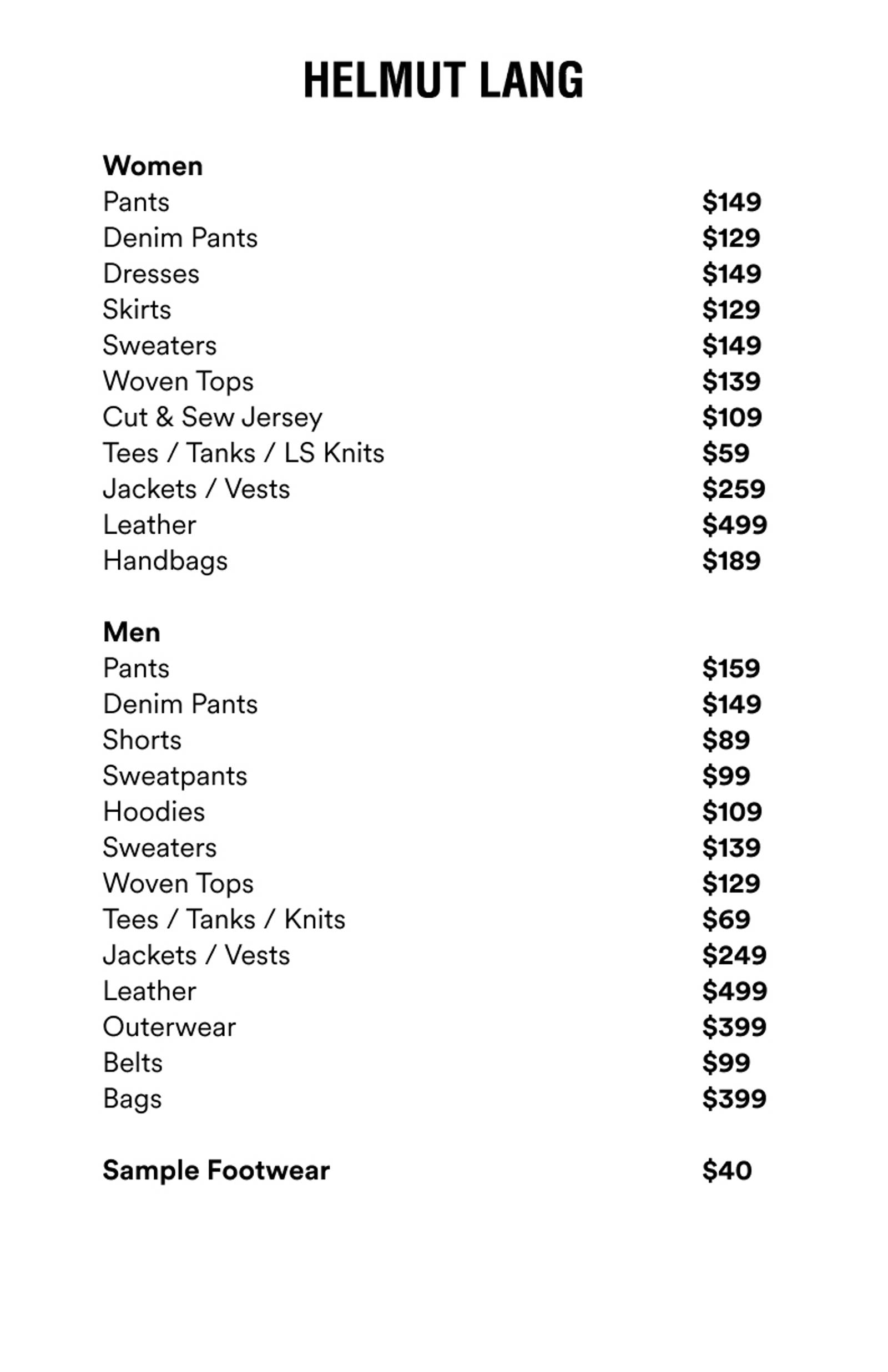 Price list