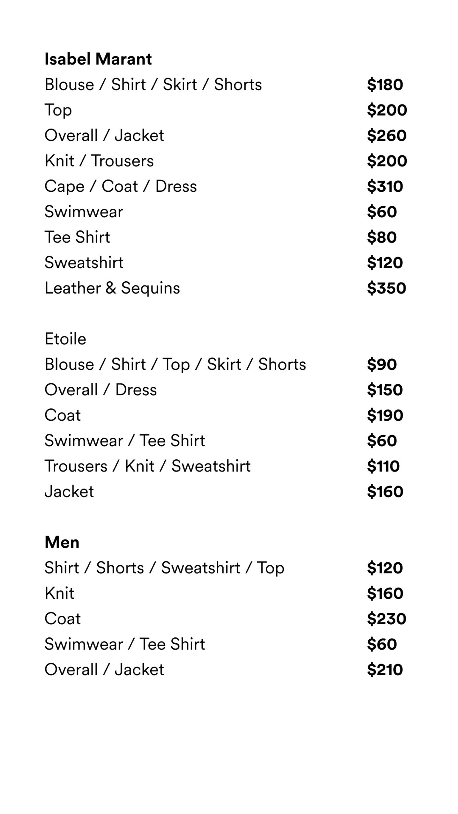 Price list