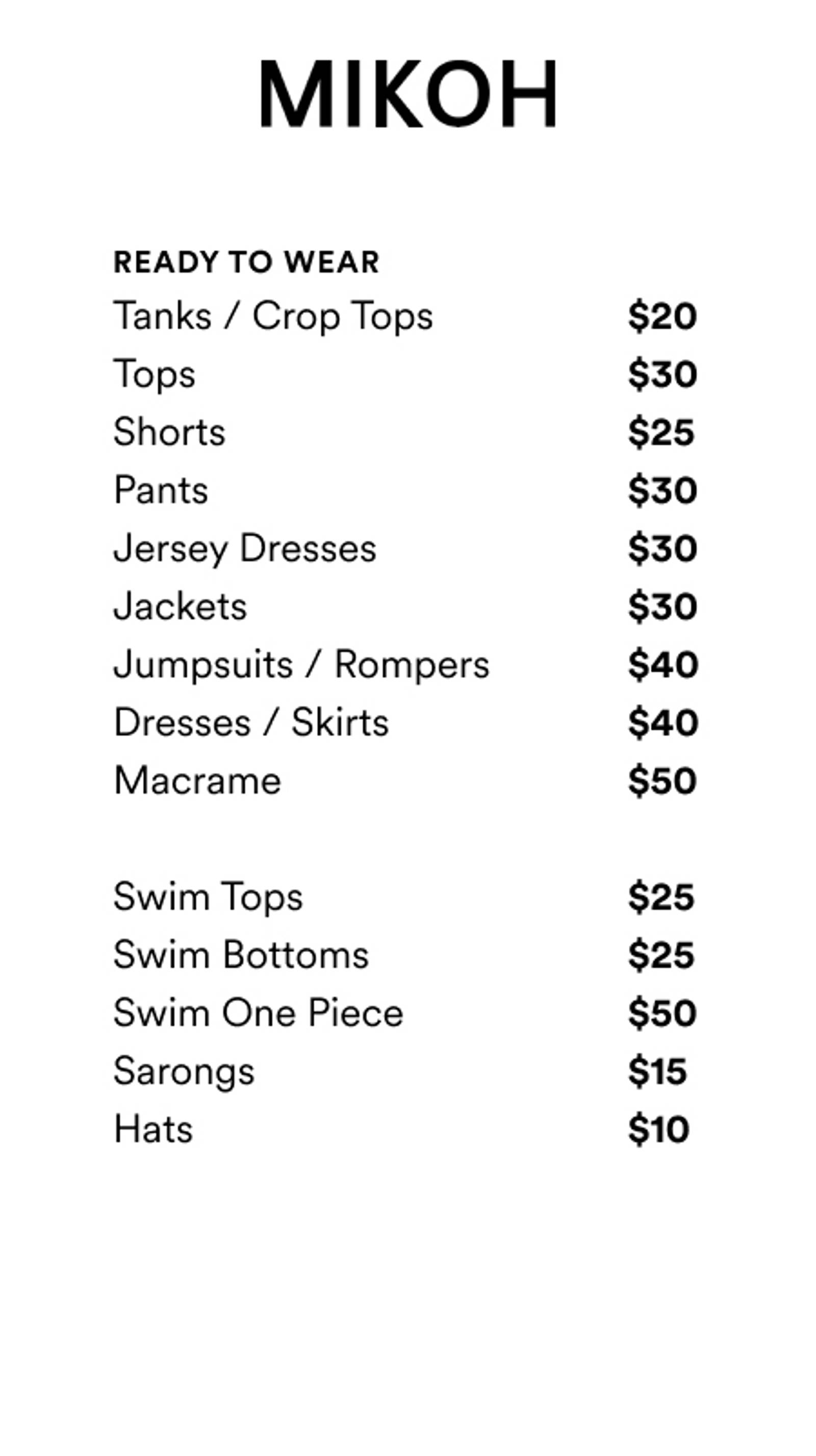 Price list