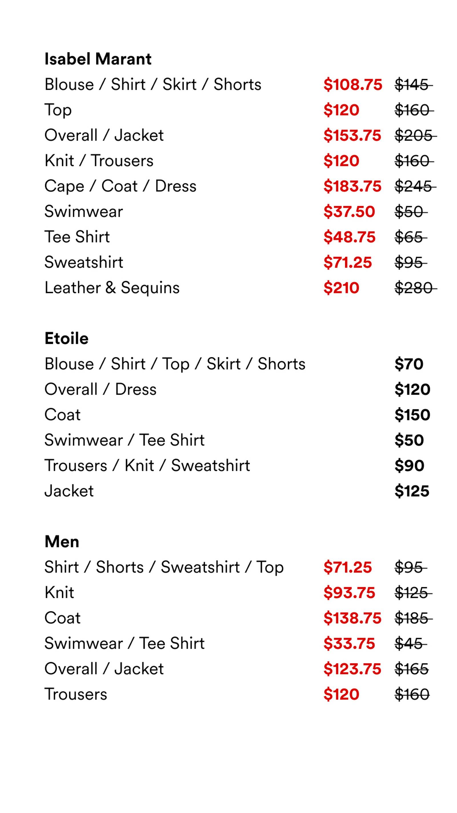 Price list