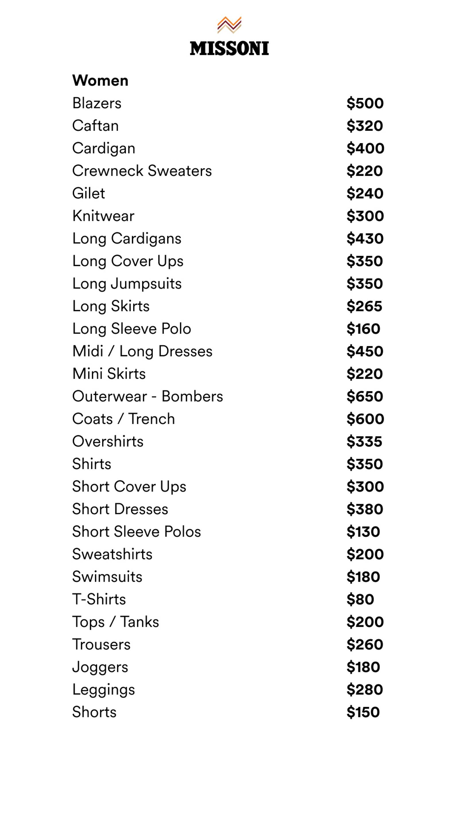 Price list