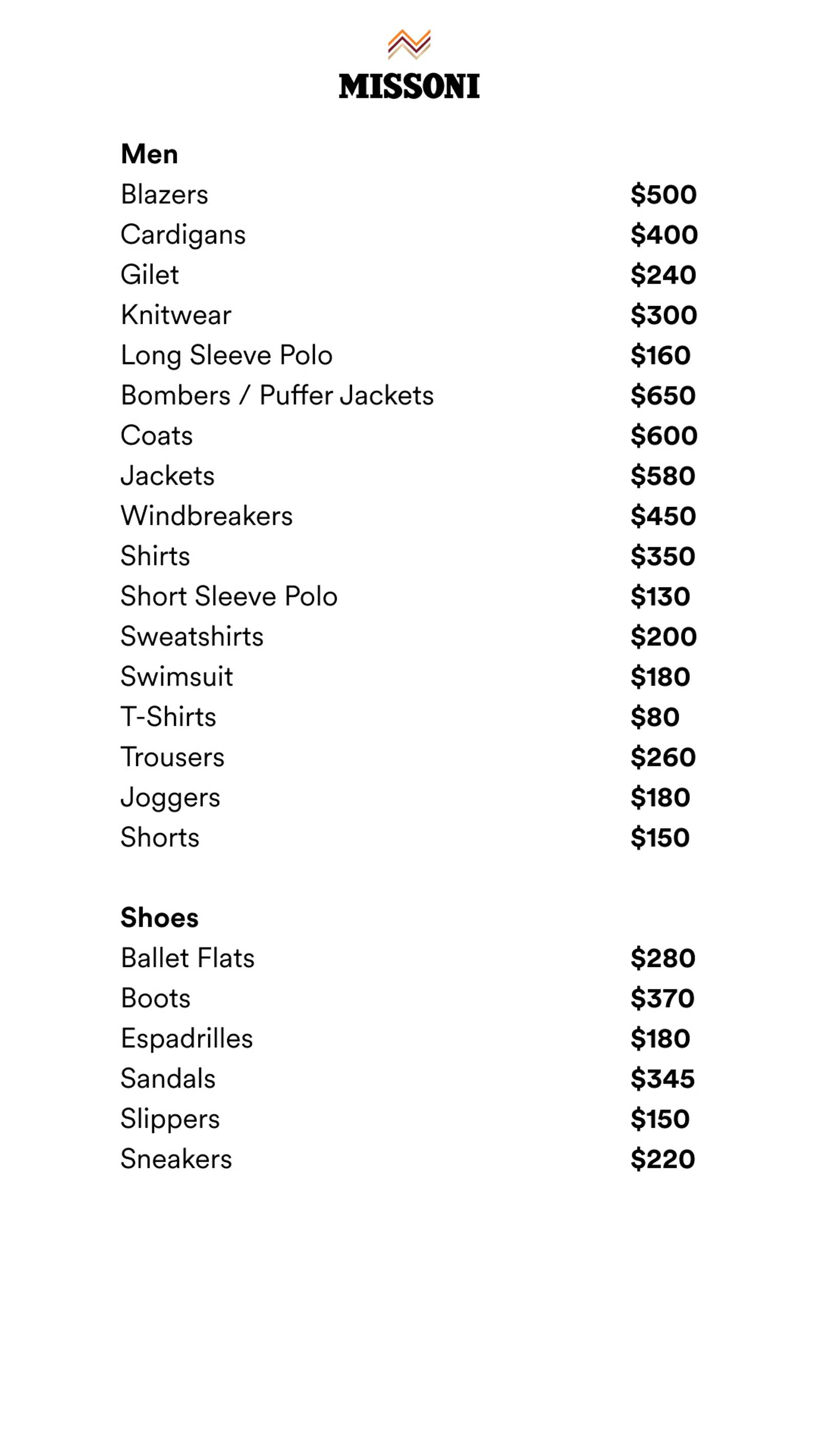 Price list