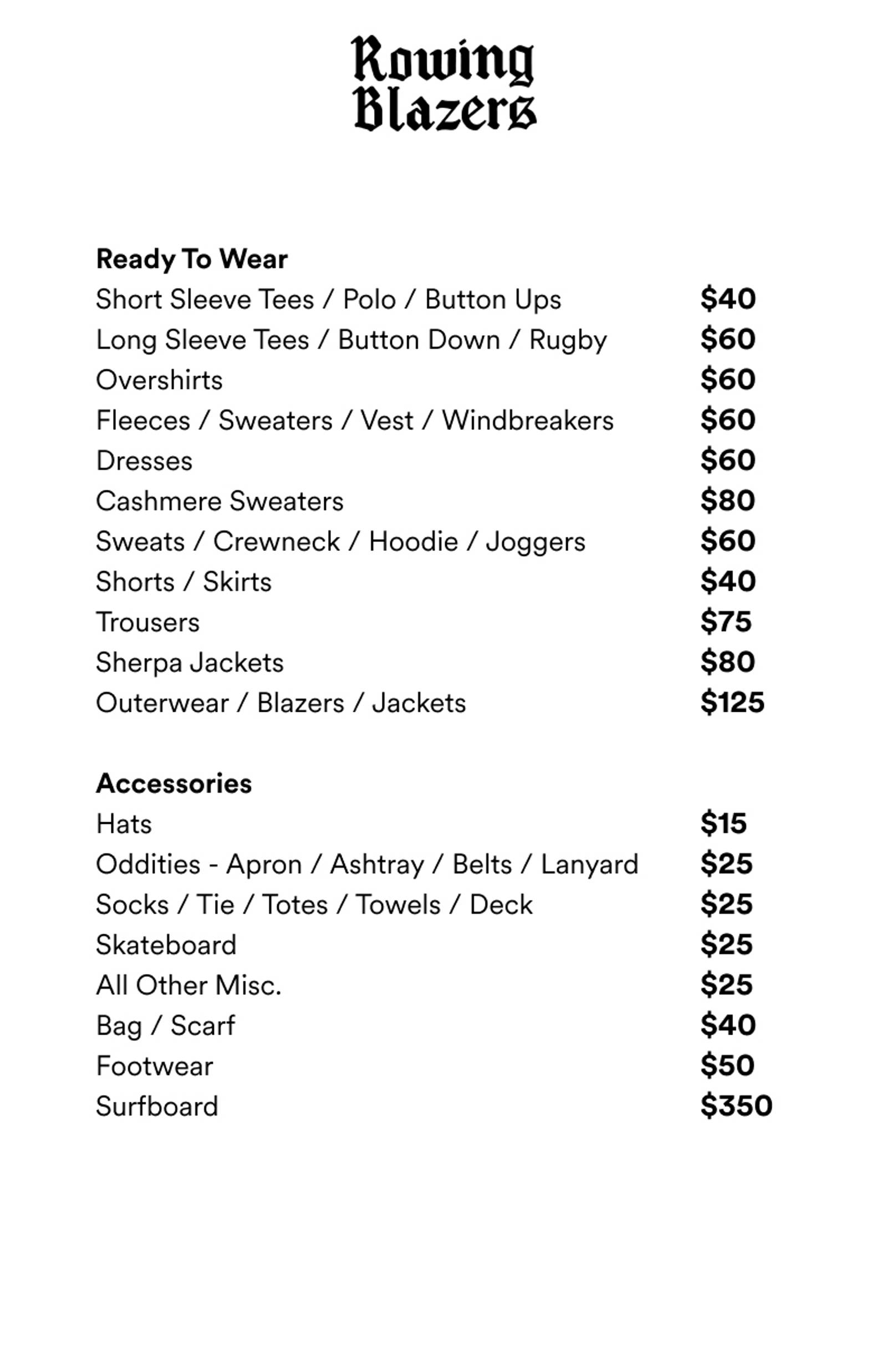 Price list