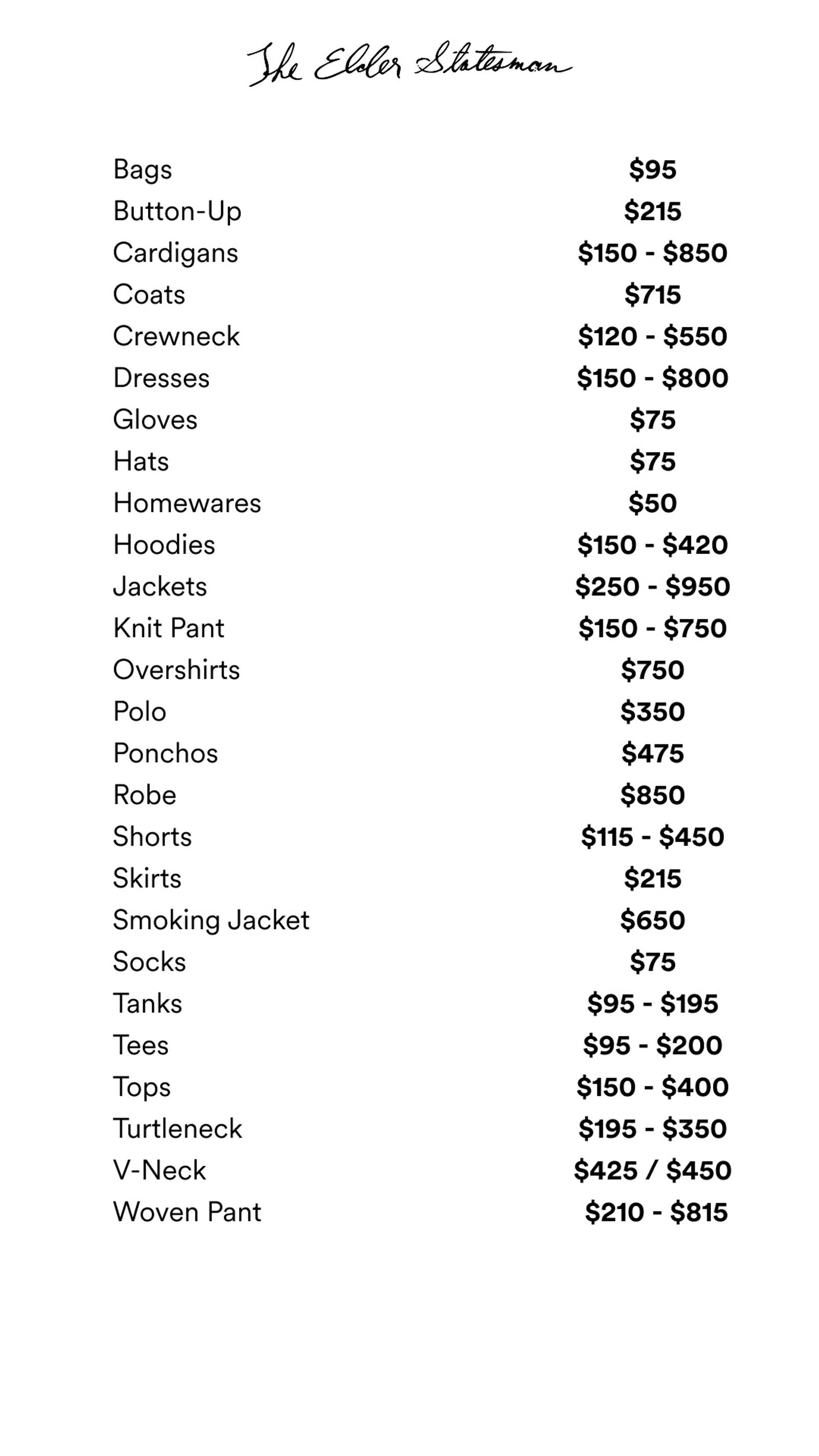 Price list