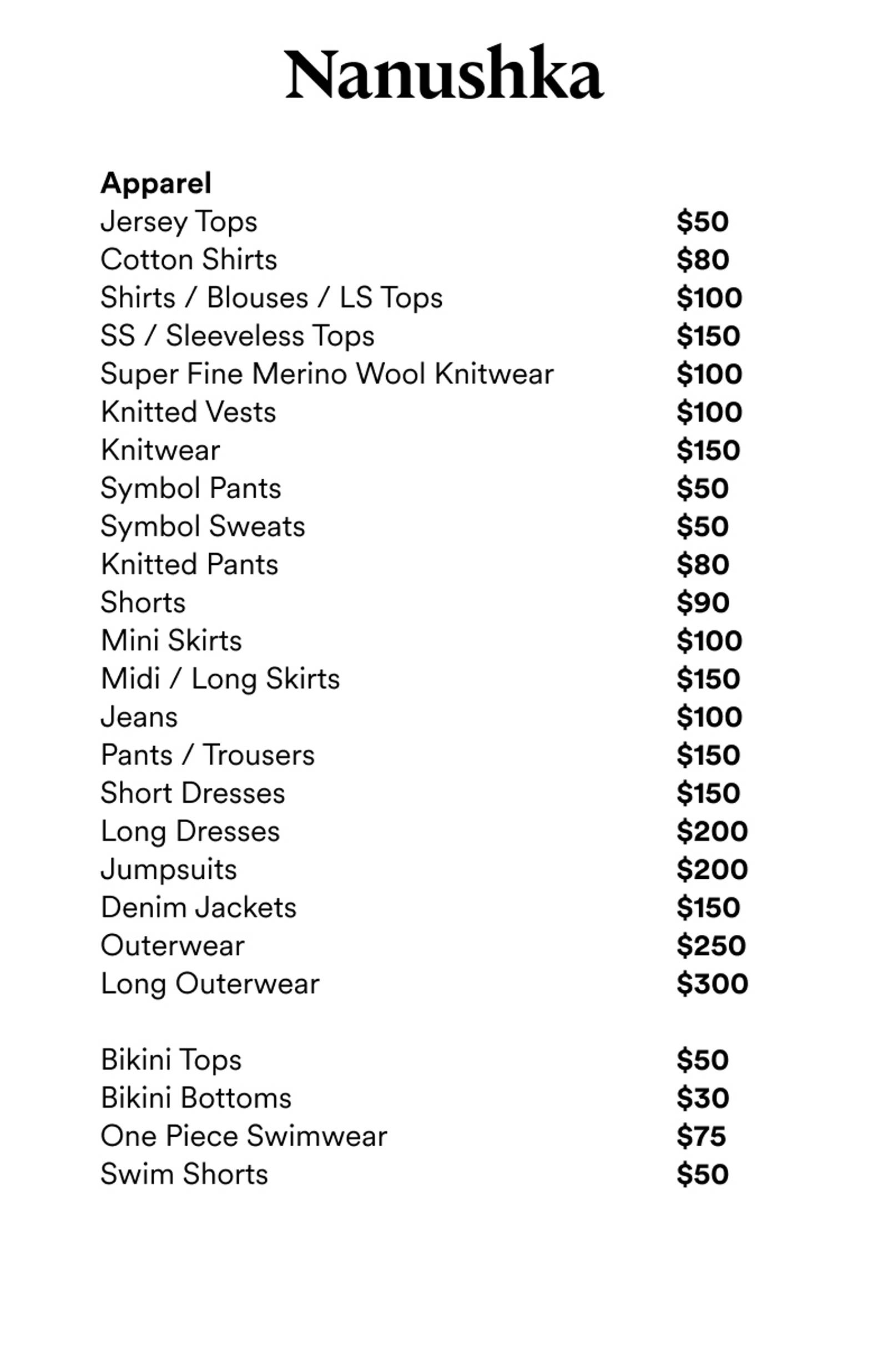 Price list