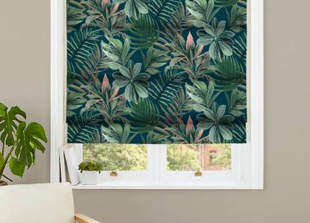green jungle blinds hung up with grey walls