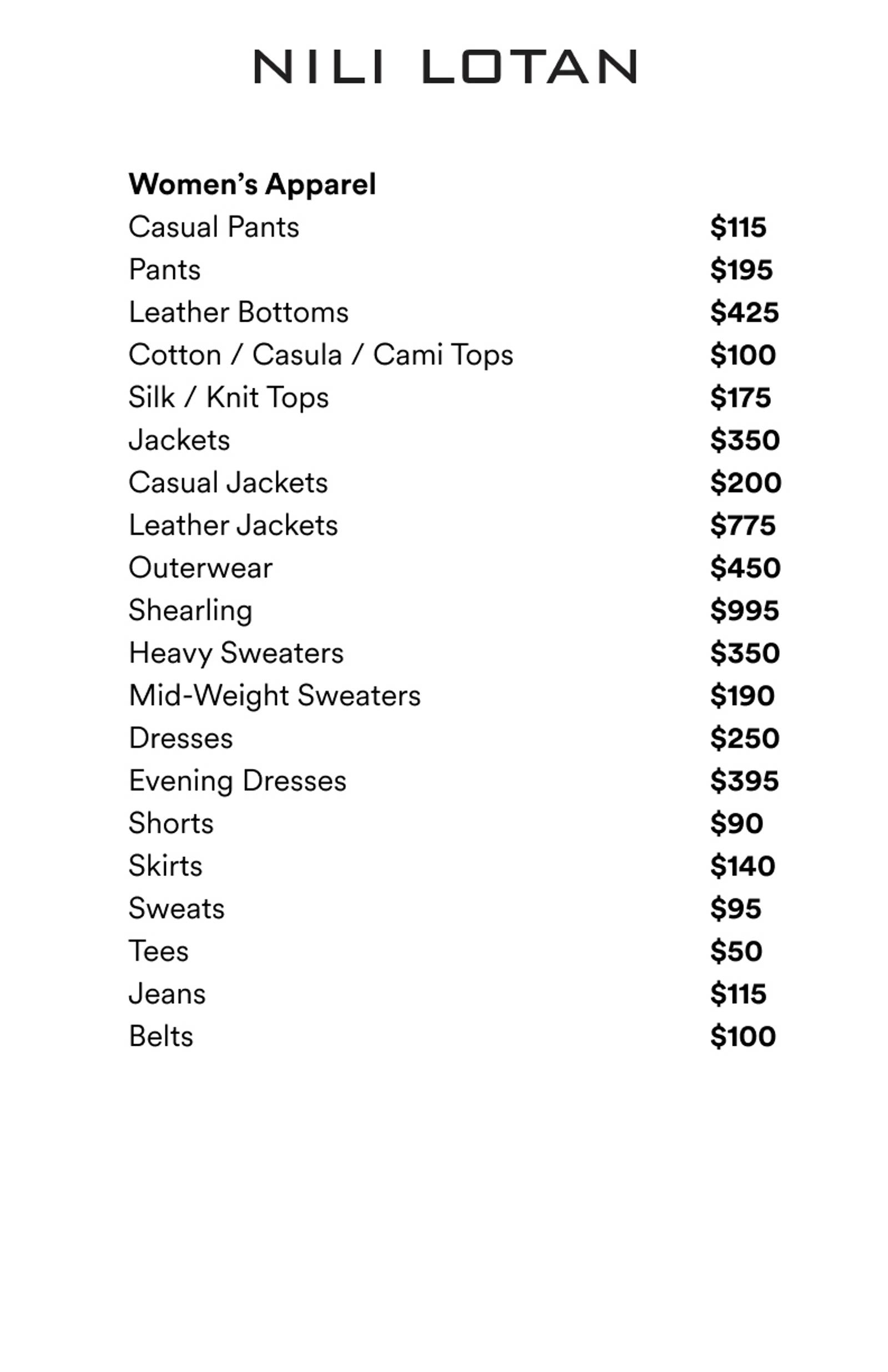 Price list