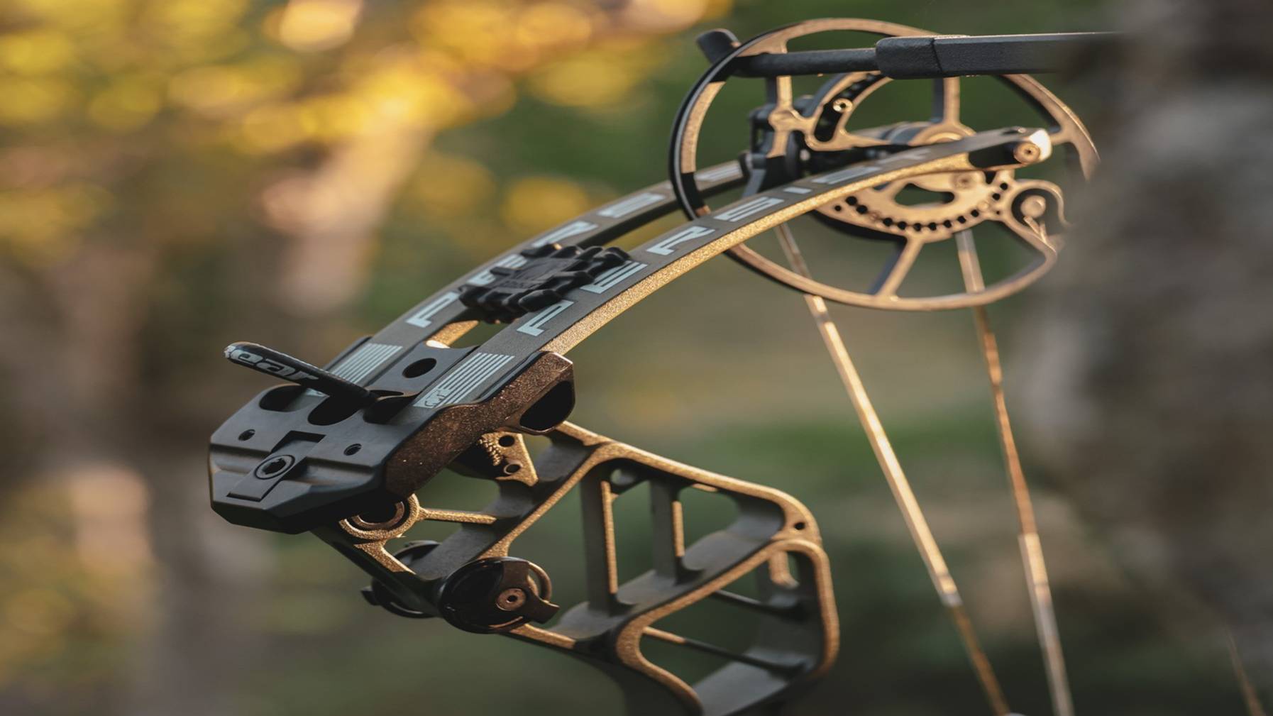 Close up of the 2024 Flagship Compound Bow from Bear Archery, The Persist upper riser and limbs.