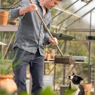 Man cleaning his greenhouse with dog