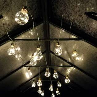 hanging lights inside a greenhouse at night