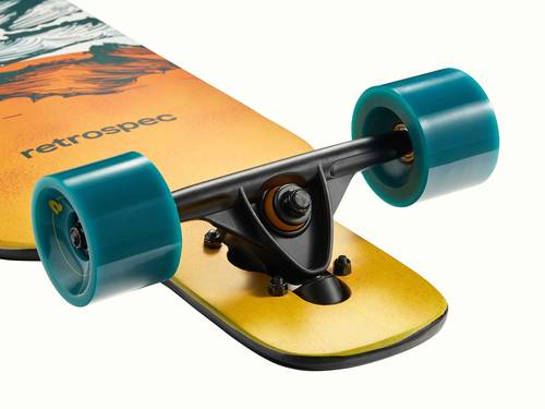 Slant reverse kingpin trucks with precision ABEC-7 bearings are reactive, smooth-gliding, and make for less pushing and a longer, faster roll.