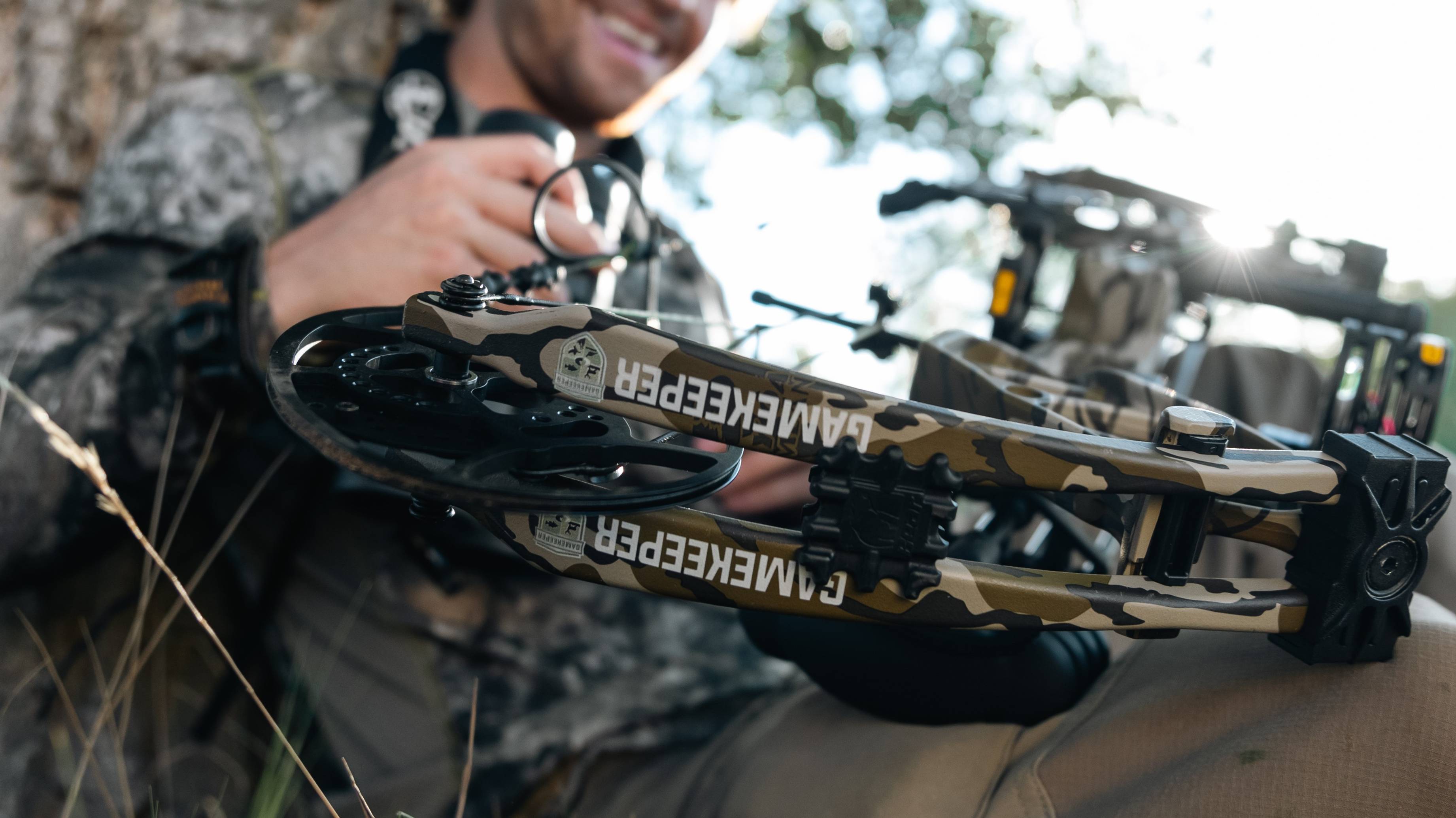 Close up of the Mossy Oak Gamekeeper compound bow limbs from Bear Archery.