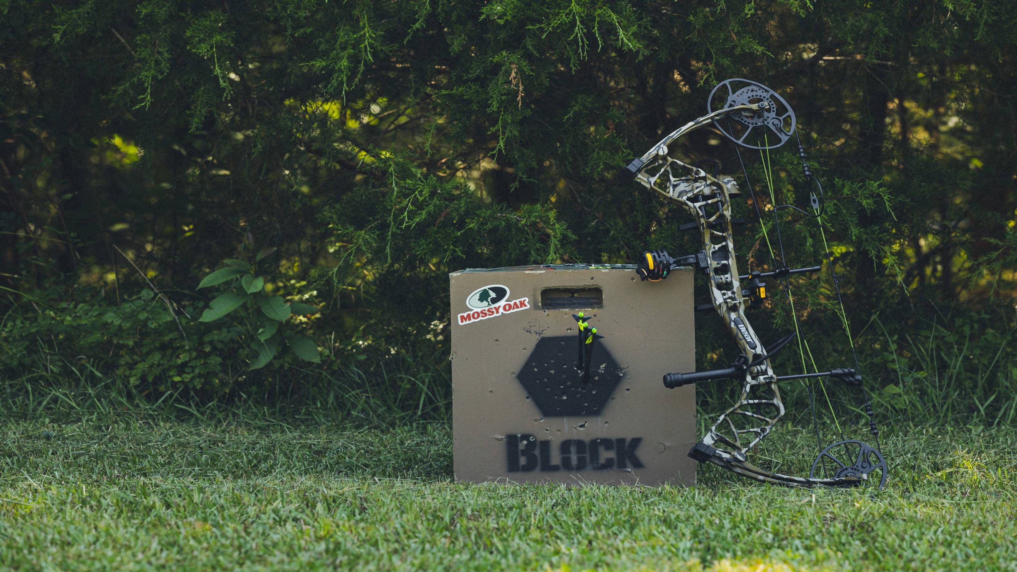 Mossy Oak x Bear Archery Gamekeeper compound bow leaning against a target.