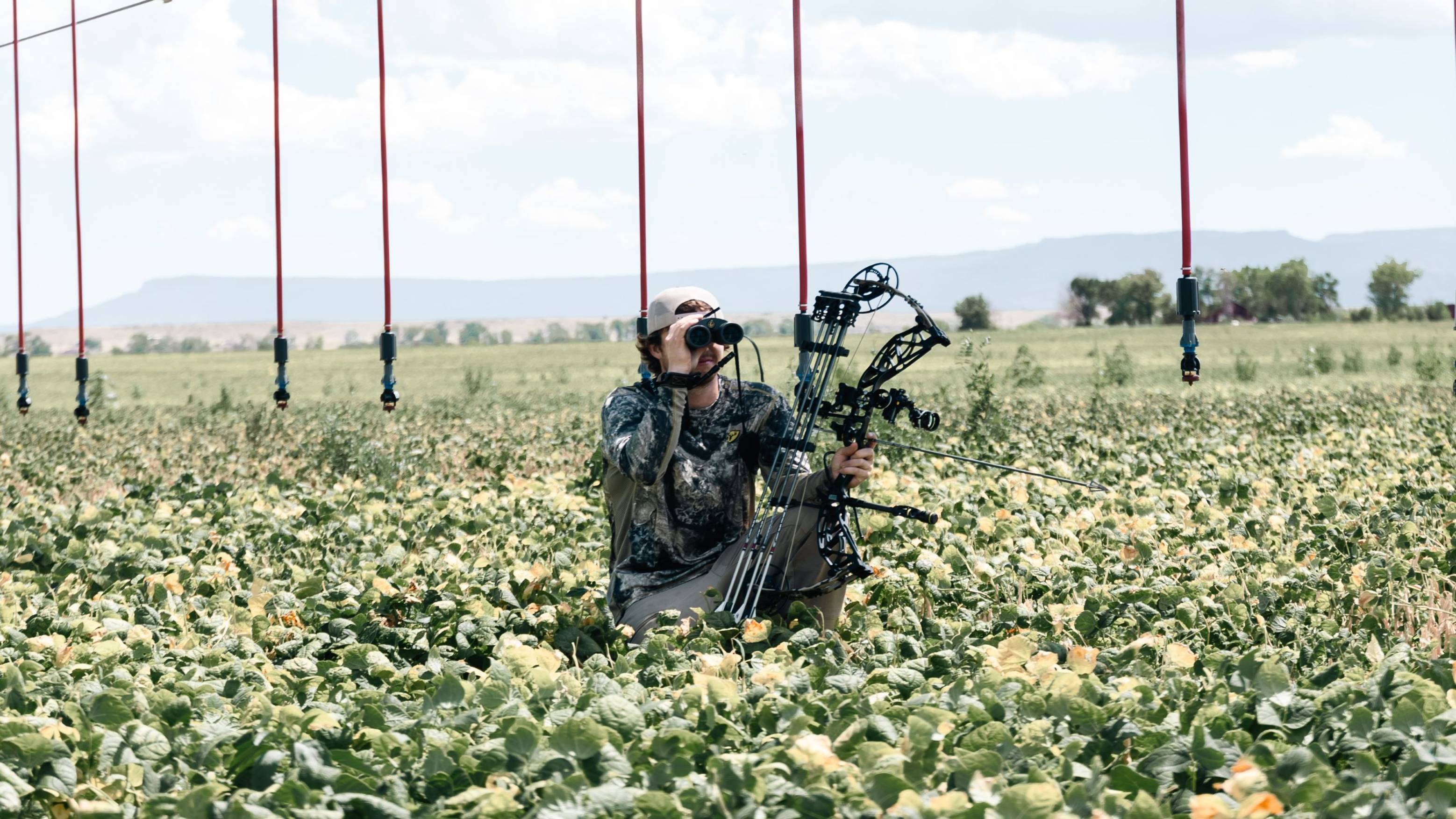 Man sitting in a field holding a Bear Archery Whitetail INT compound bow.