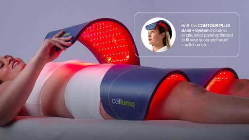 Woman lying down receiving an LED red light therapy treatment for body contouring with the Celluma CONTOUR PLUS. Get comprehensive body coverage as well as precise targeting with the included large and small LED panels to treat your scalp, face, or any part of your body. Inset image depicts woman using a small LED panel for targeted hair restoration treatment with red light therapy.
