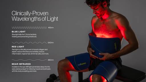Celluma LED devices utilize specific wavelengths of red light, near-infrared light, and blue light therapy for a variety of FDA-cleared and clinically proven treatments. Man shown post-workout receiving a body contouring treatment with the Celluma CONTOUR PLUS LED light therapy device. Text overlay describes the benefits of red, near-infrared, and blue wavelengths of light energy.